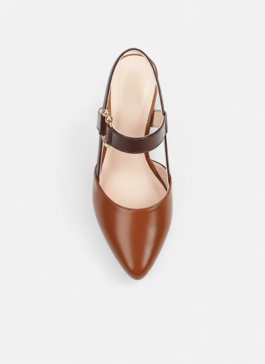 Scarpin Slingback Bico Fino Salto Bloco Tira Couro Metal