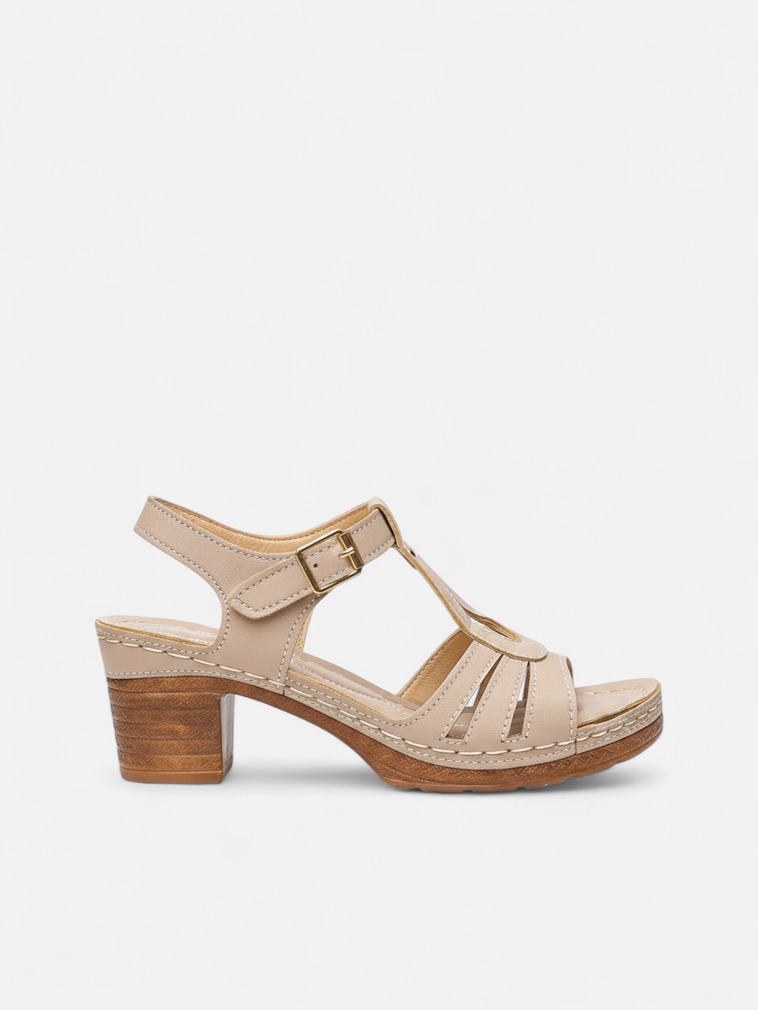 Sandália Salto Bloco T-Strap Fivela Couro