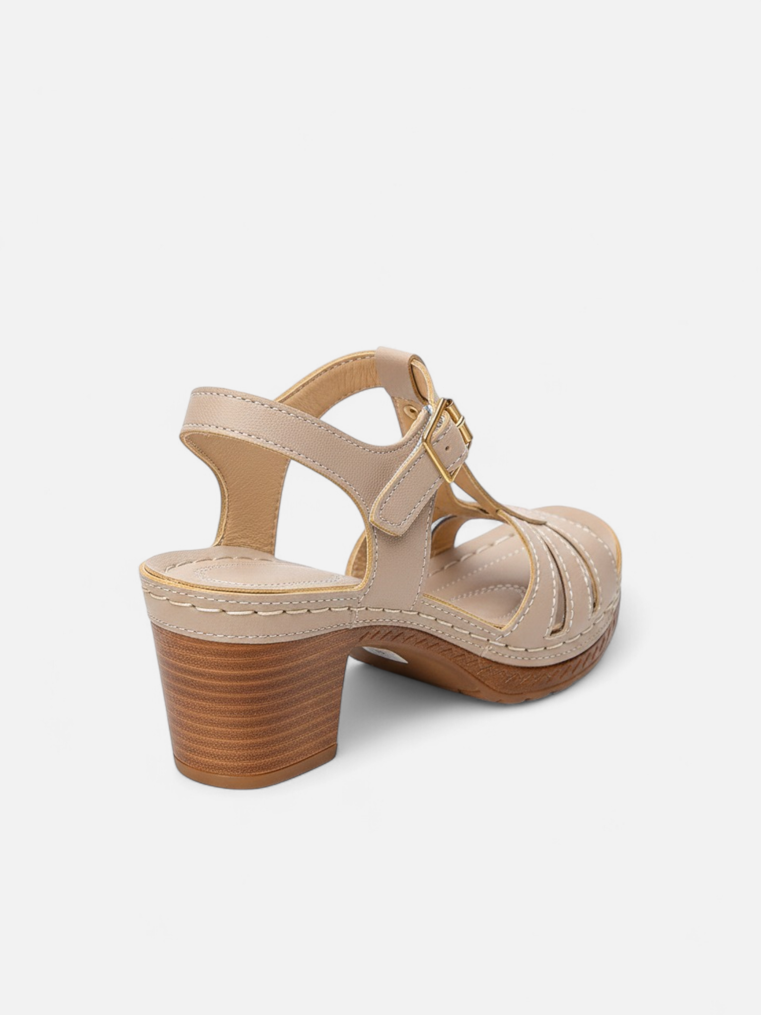 Sandália Salto Bloco T-Strap Fivela Couro