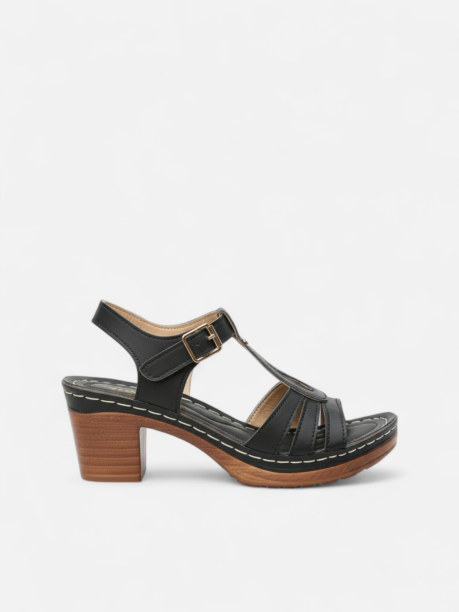 Sandália Salto Bloco T-Strap Fivela Couro