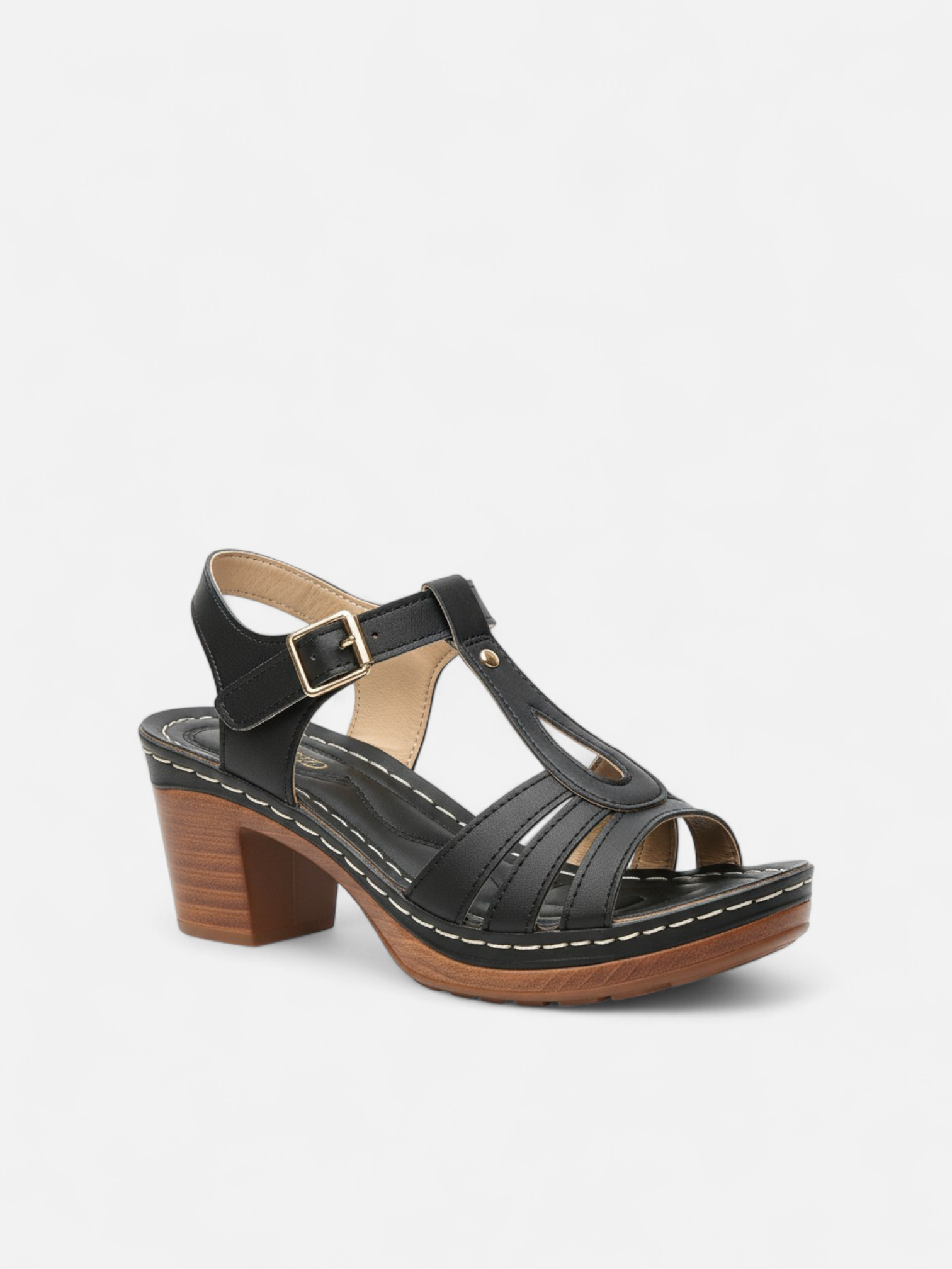 Sandália Salto Bloco T-Strap Fivela Couro