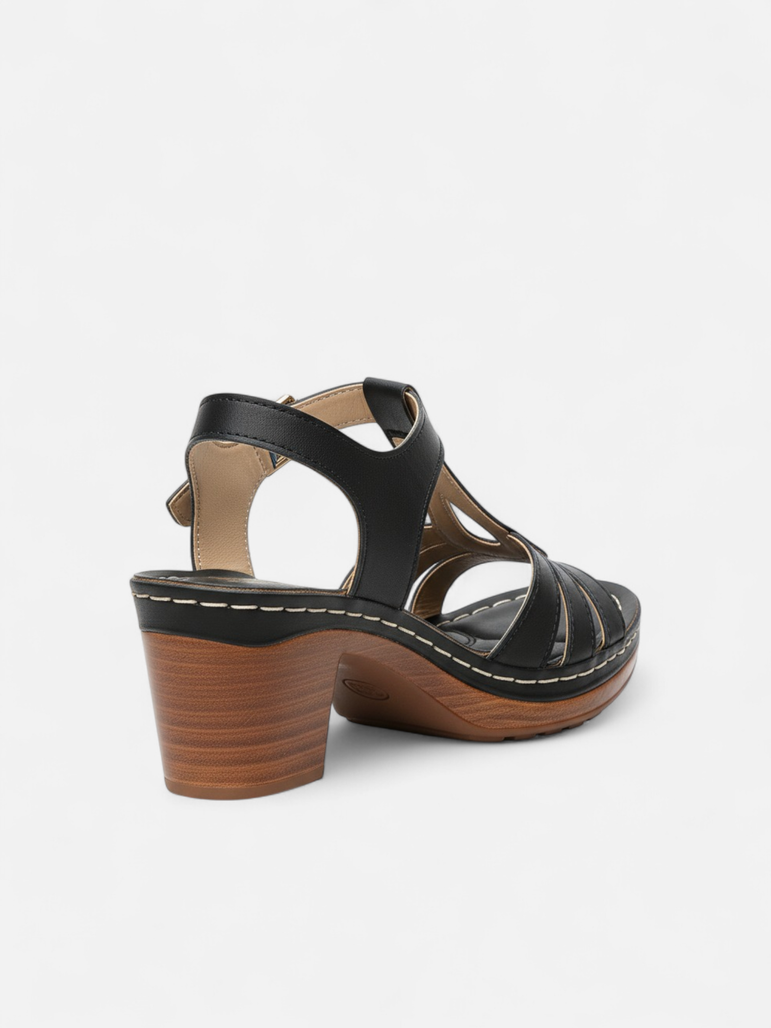 Sandália Salto Bloco T-Strap Fivela Couro