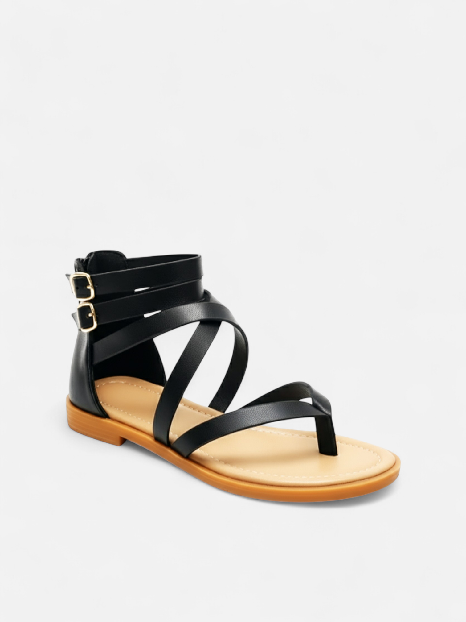 Sandália Rasteira Gladiadora Tiras Cruzadas Fivela Dupla Zíper