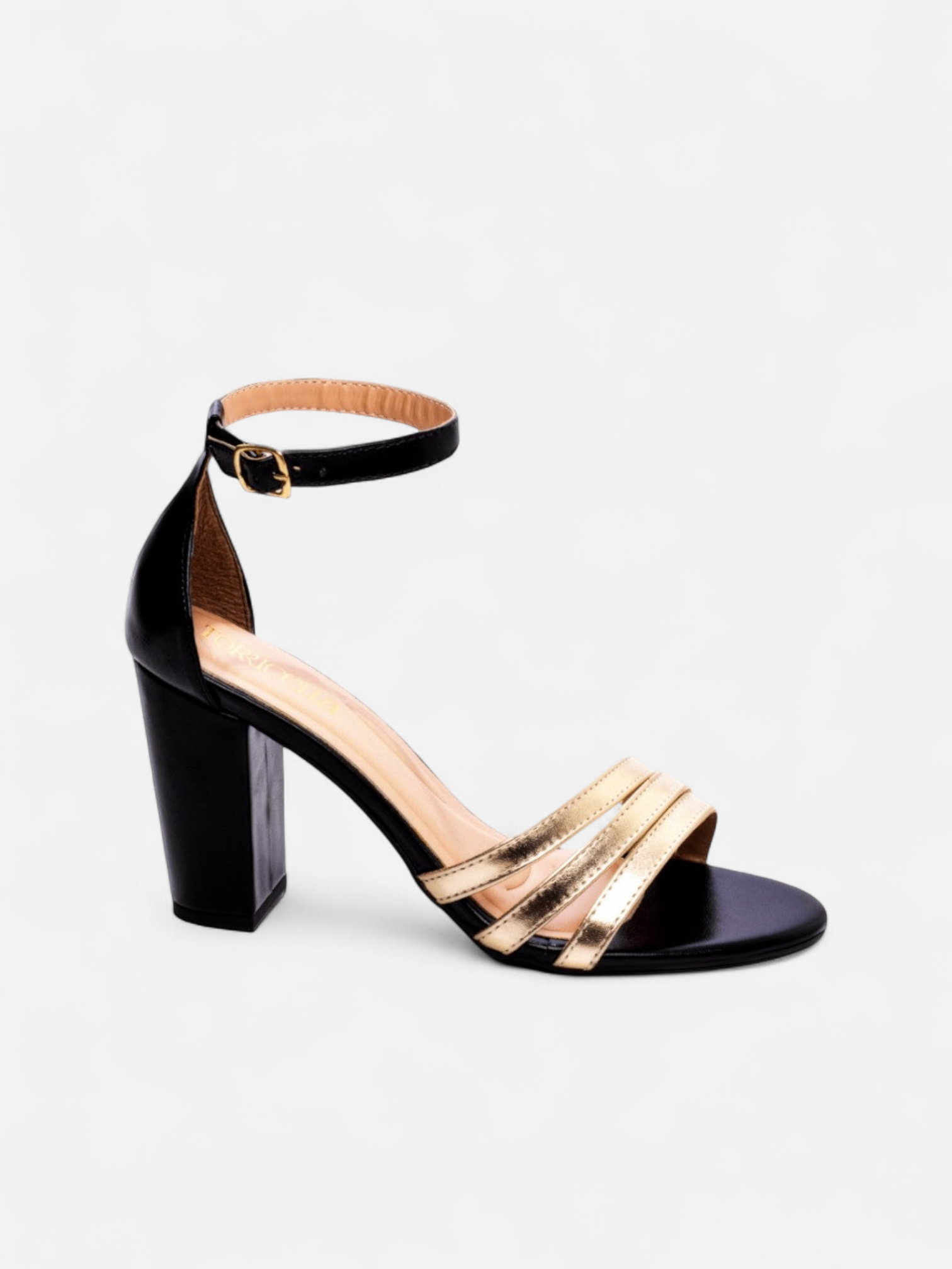 Sandália Salto Grosso Bloco Metalizado com Fivela Multicolorida Ajustável