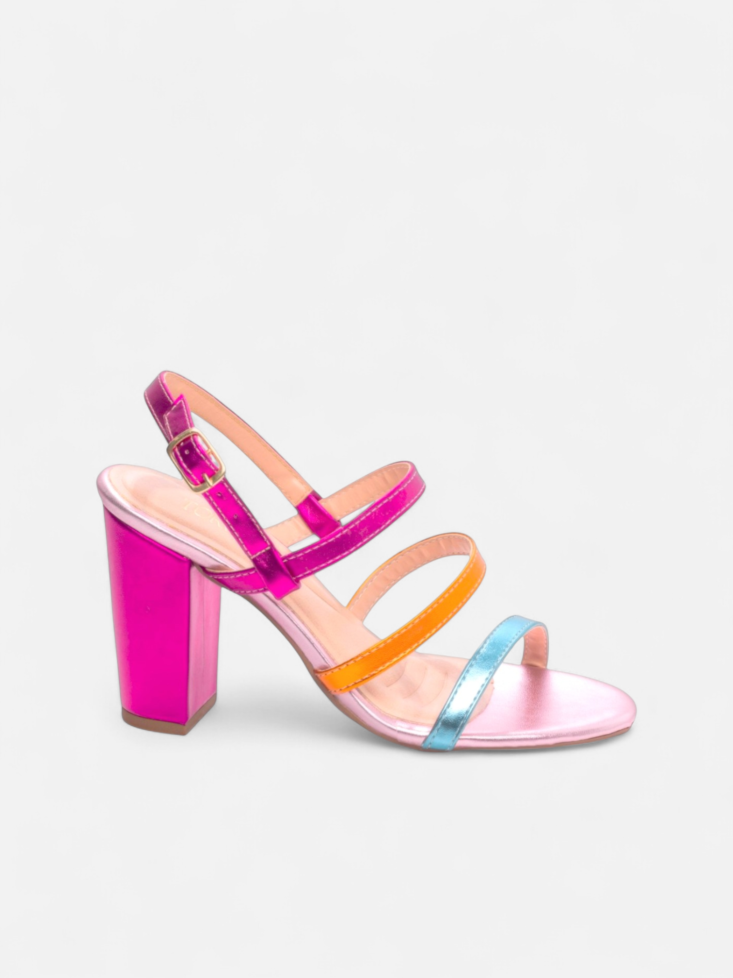 Sandália Salto Alto Colorida Metalizada com Tiras Finas e Fivela Dourada