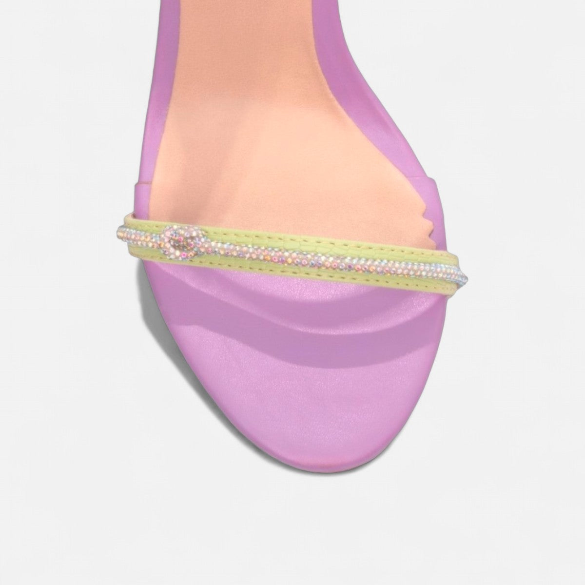 Sandália Salto Alto Colorida Croco com Cordão de Strass e Fivela Prata
