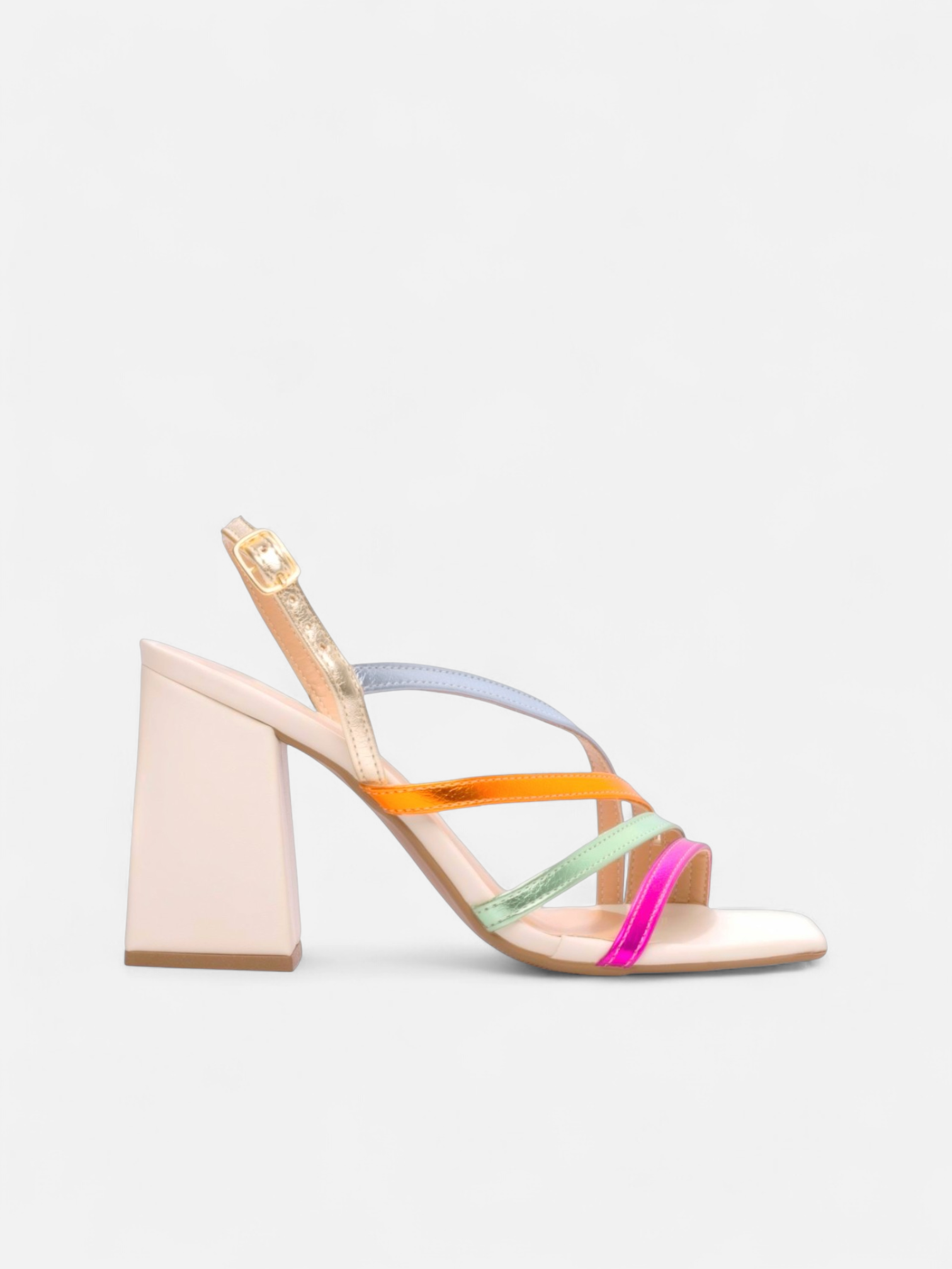 Sandália Salto Grosso Bloco com Tiras Finas Metalizado