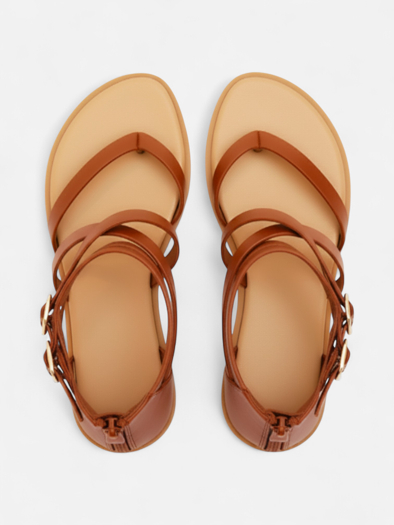 Sandália Rasteira Gladiadora Tiras Cruzadas Fivela Dupla Zíper