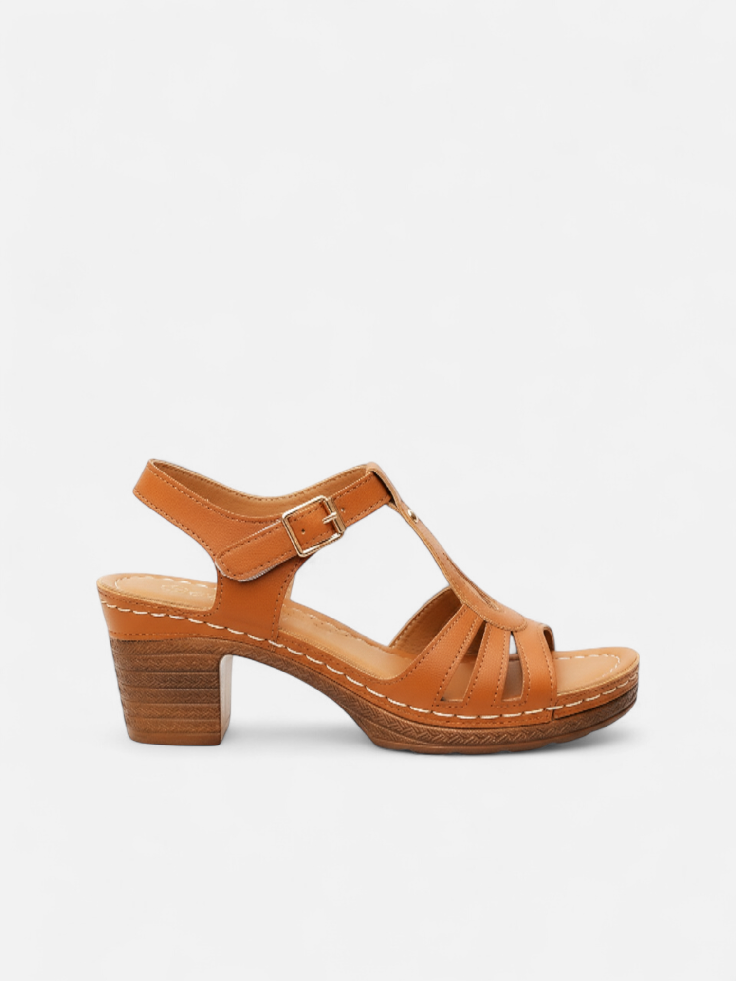 Sandália Salto Bloco T-Strap Fivela Couro