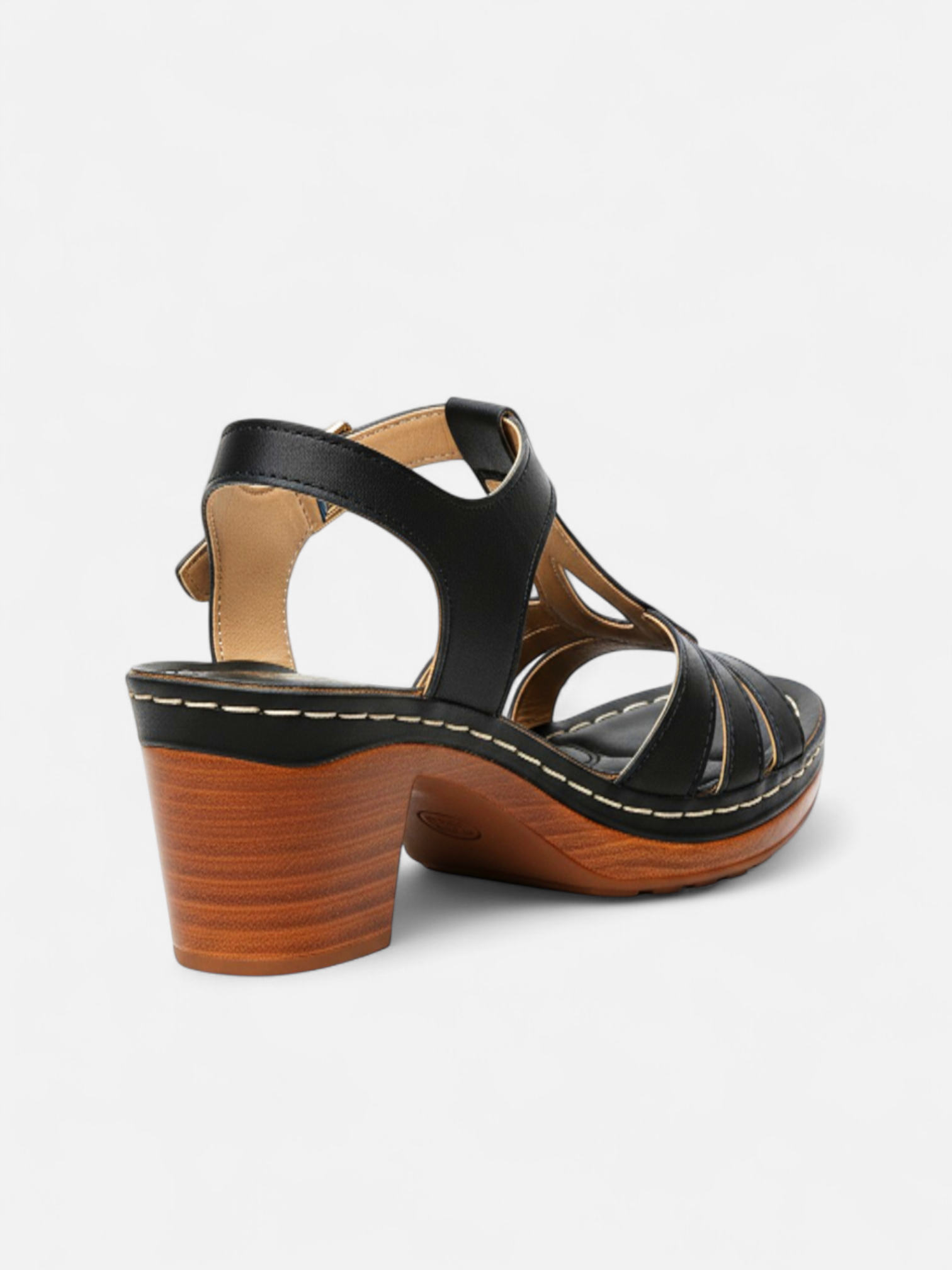 Sandália Salto Bloco T-Strap Fivela Couro