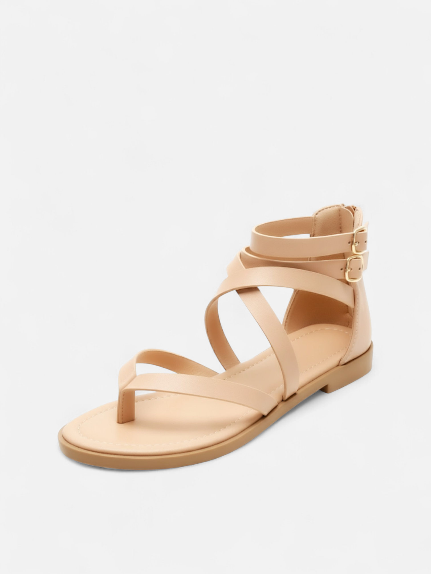 Sandália Rasteira Gladiadora Tiras Cruzadas Fivela Dupla Zíper