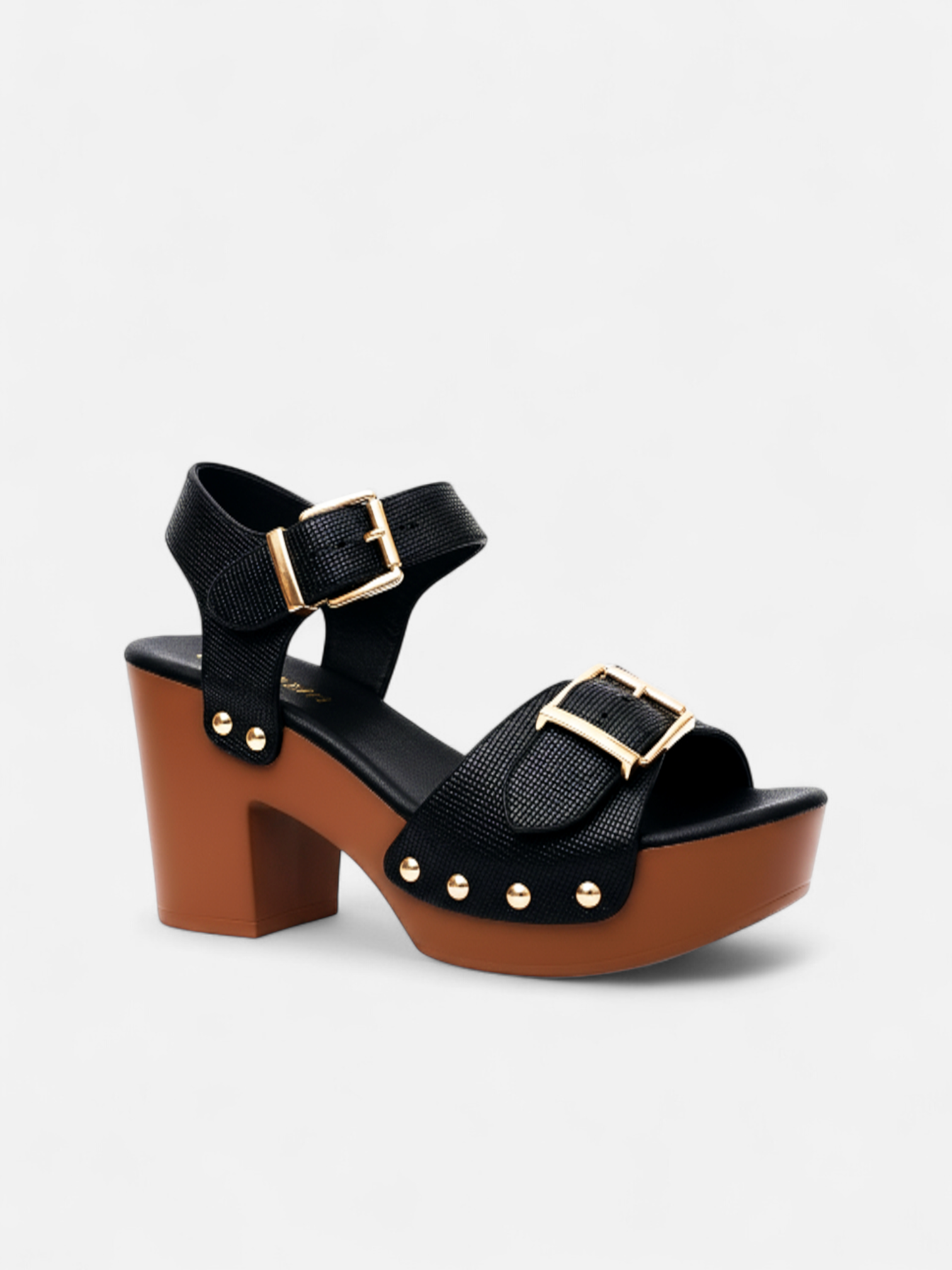 Sandália Plataforma Salto Bloco Tira Larga Fivela e Rebite