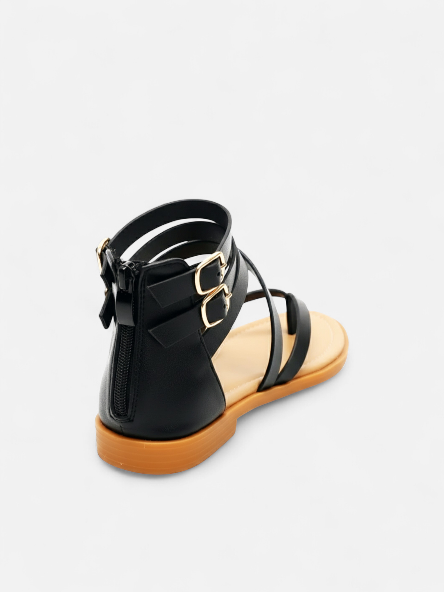 Sandália Rasteira Gladiadora Tiras Cruzadas Fivela Dupla Zíper