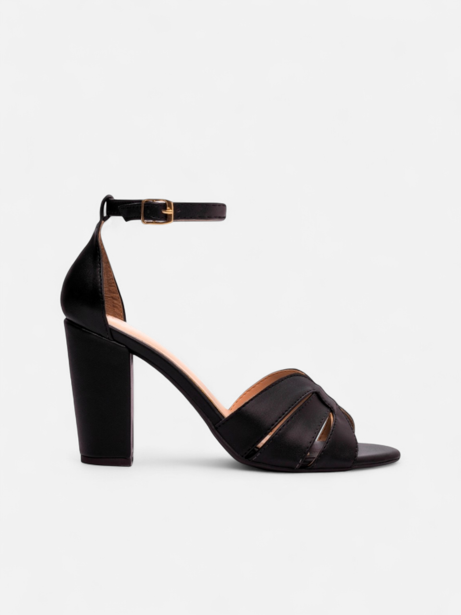 Sandália Salto Grosso com Tiras Cruzadas e Fivela Dourada