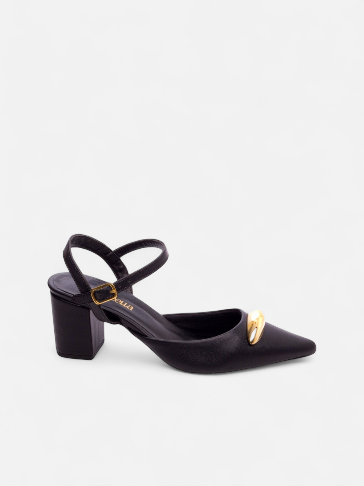 Scarpin Napa Preto com Enfeite Dourado e Fivela Ajustável