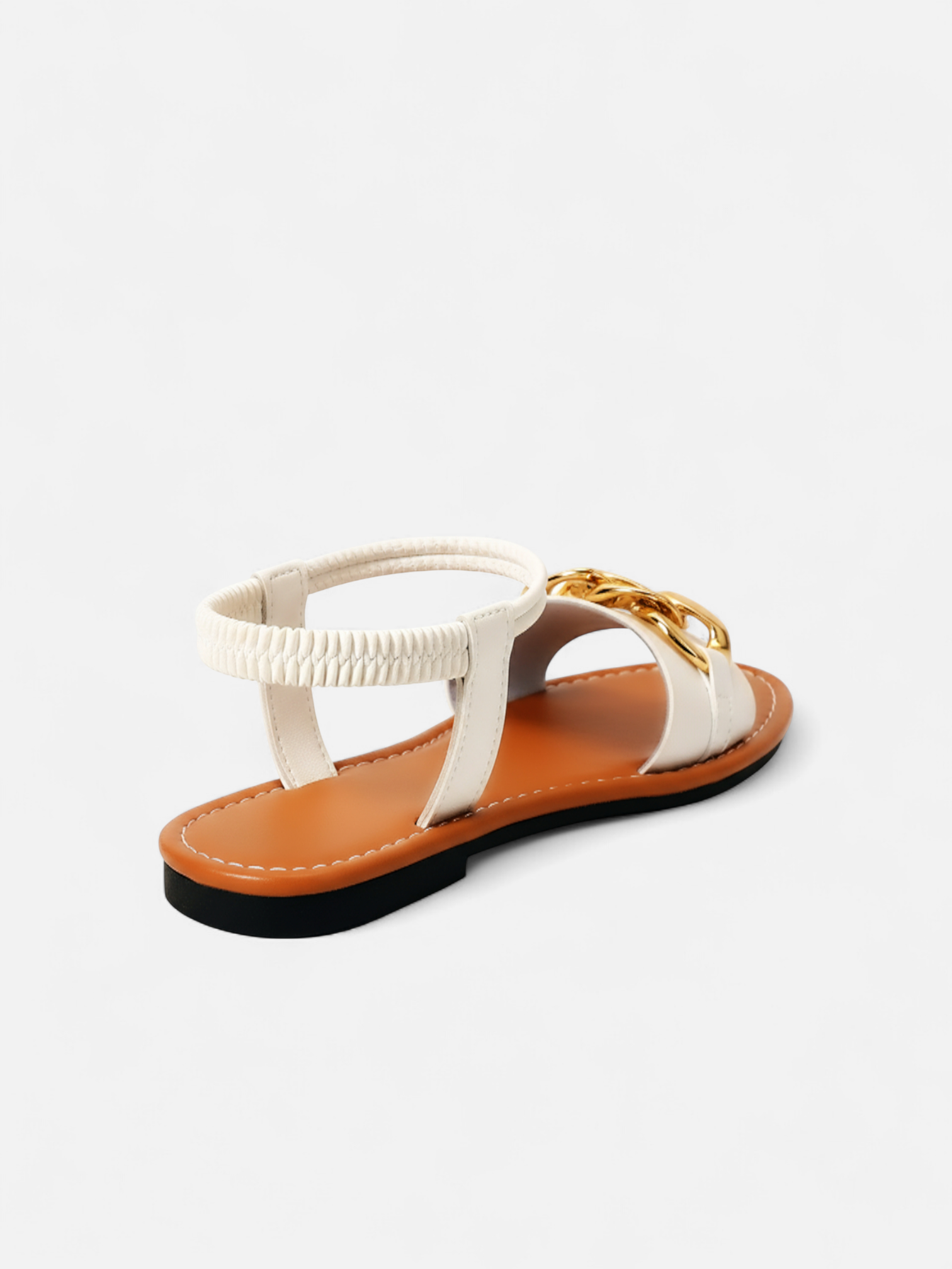 Sandália Rasteira Tiras Corrente Dourada Branca