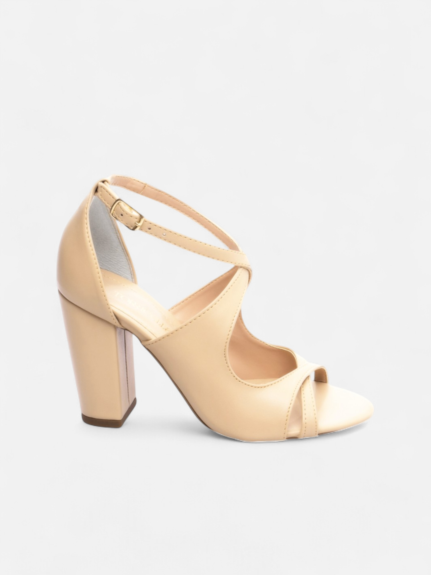 Sandália Salto Grosso Napa Bege com Fivela