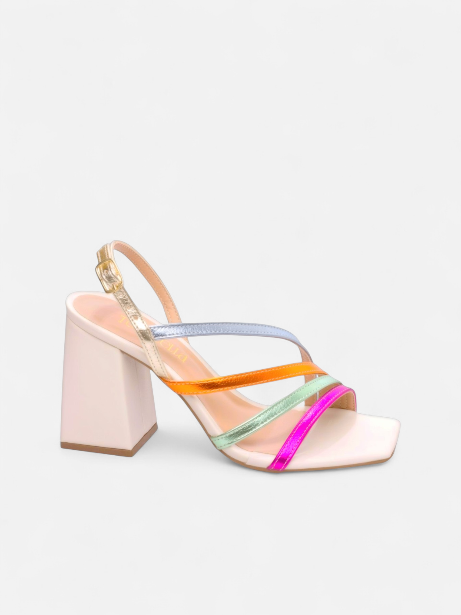 Sandália Salto Grosso Bloco com Tiras Finas Metalizado
