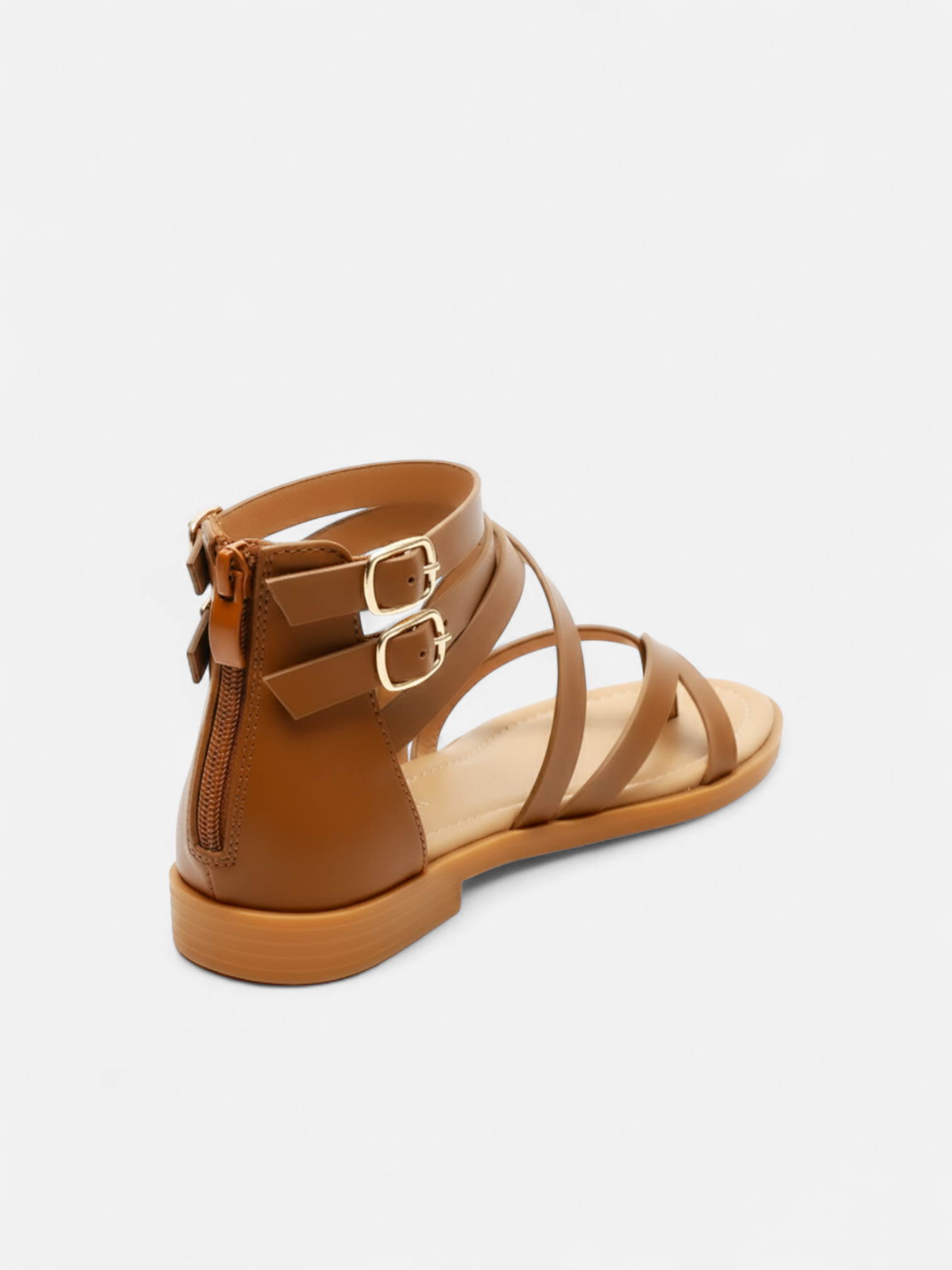 Sandália Rasteira Gladiadora Tiras Cruzadas Fivela Dupla Zíper