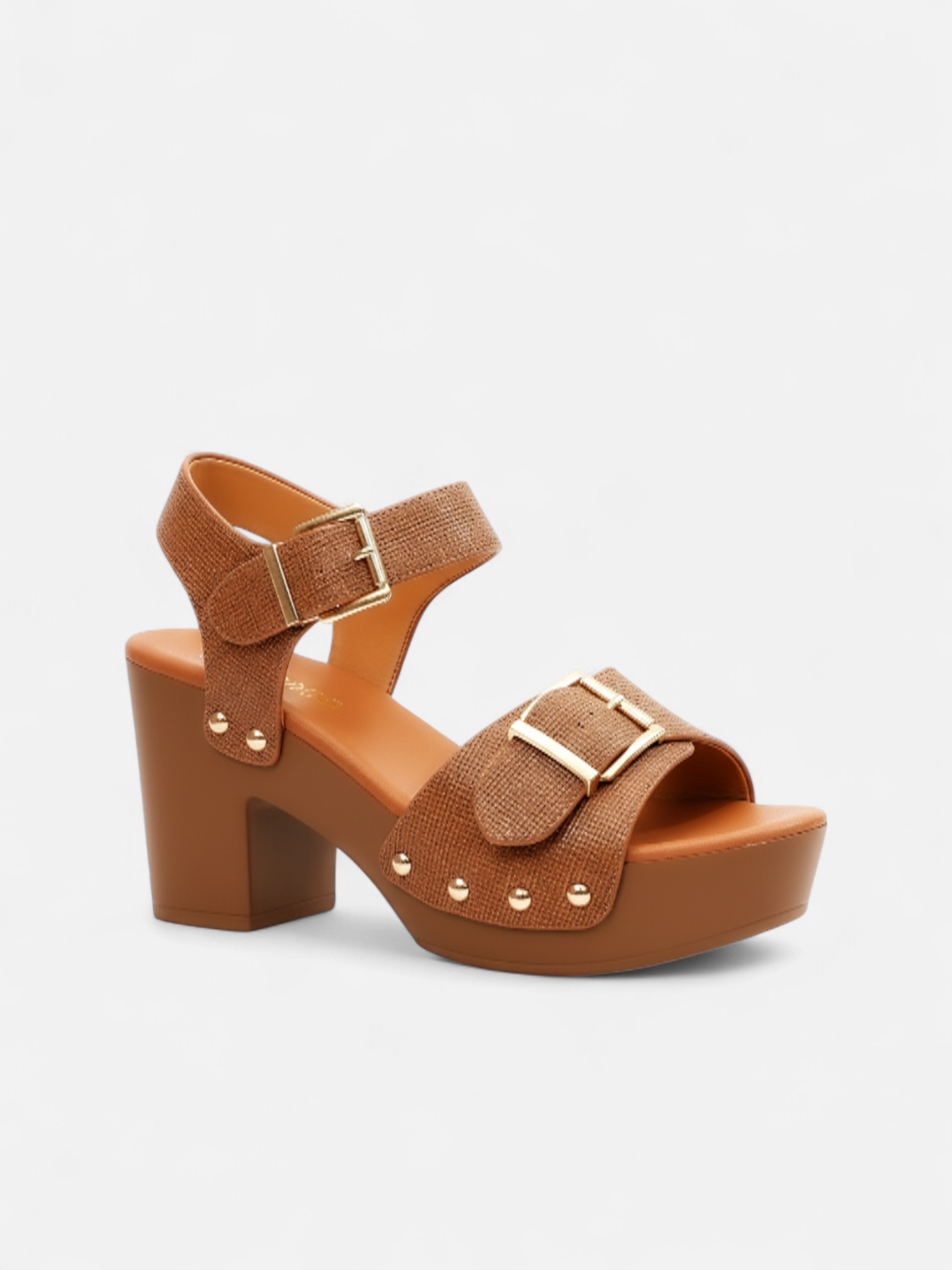 Sandália Plataforma Salto Bloco Tira Larga Fivela e Rebite