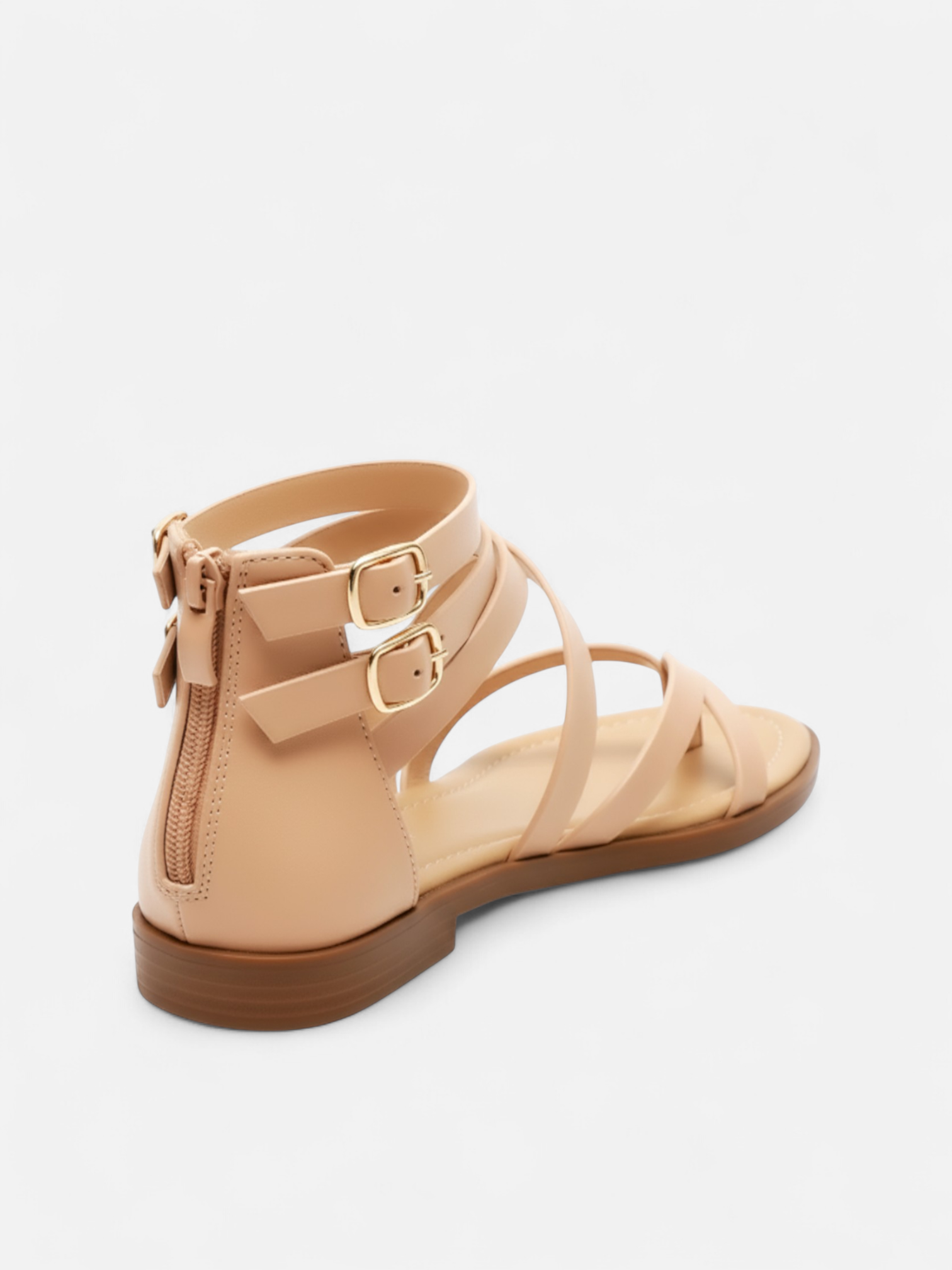 Sandália Rasteira Gladiadora Tiras Cruzadas Fivela Dupla Zíper