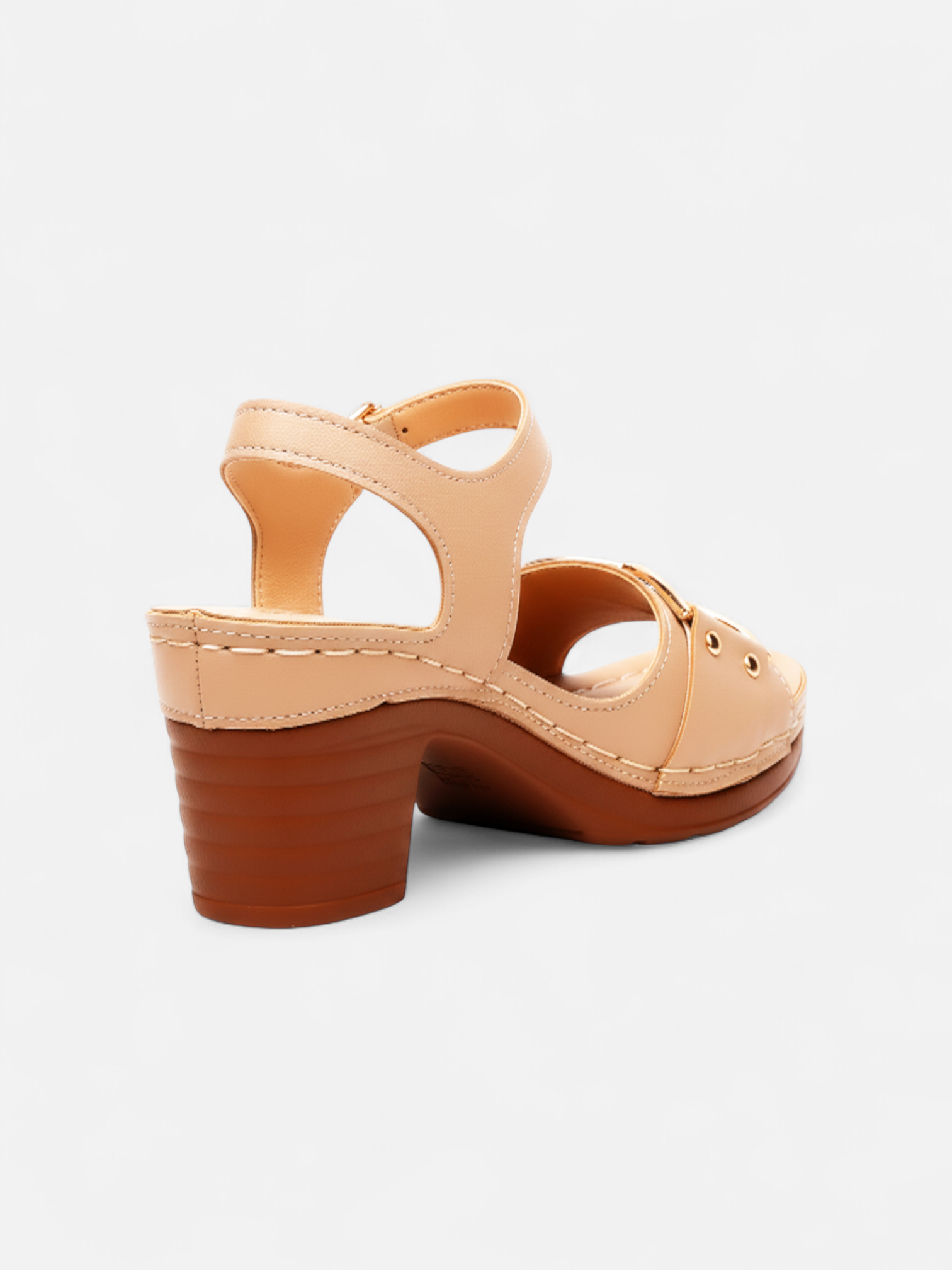 Sandália Salto Bloco Fivela Larga Pesponto Metal