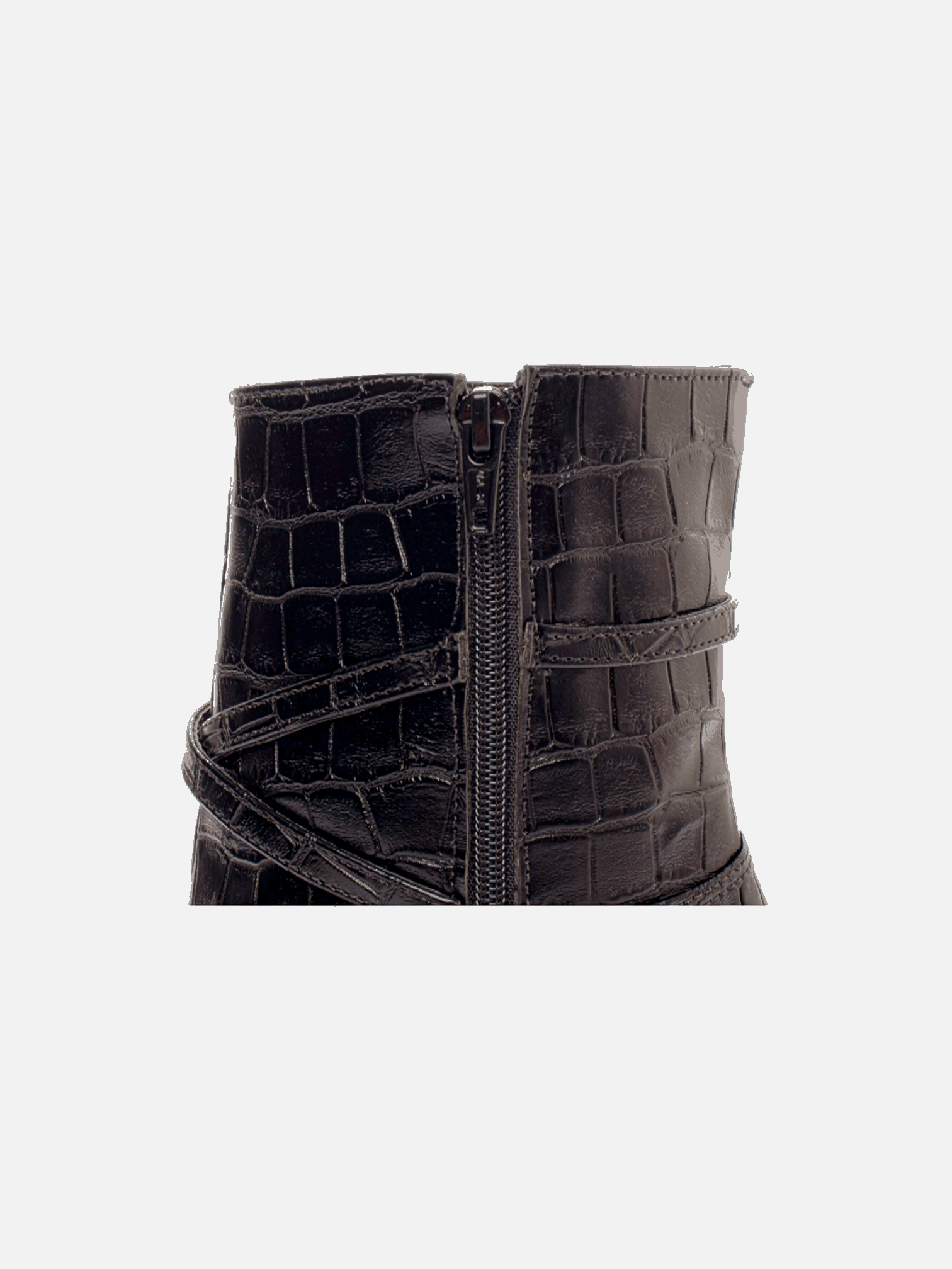 Bota Salto Grosso Cano Médio Bico Fino Croco Com Fivela