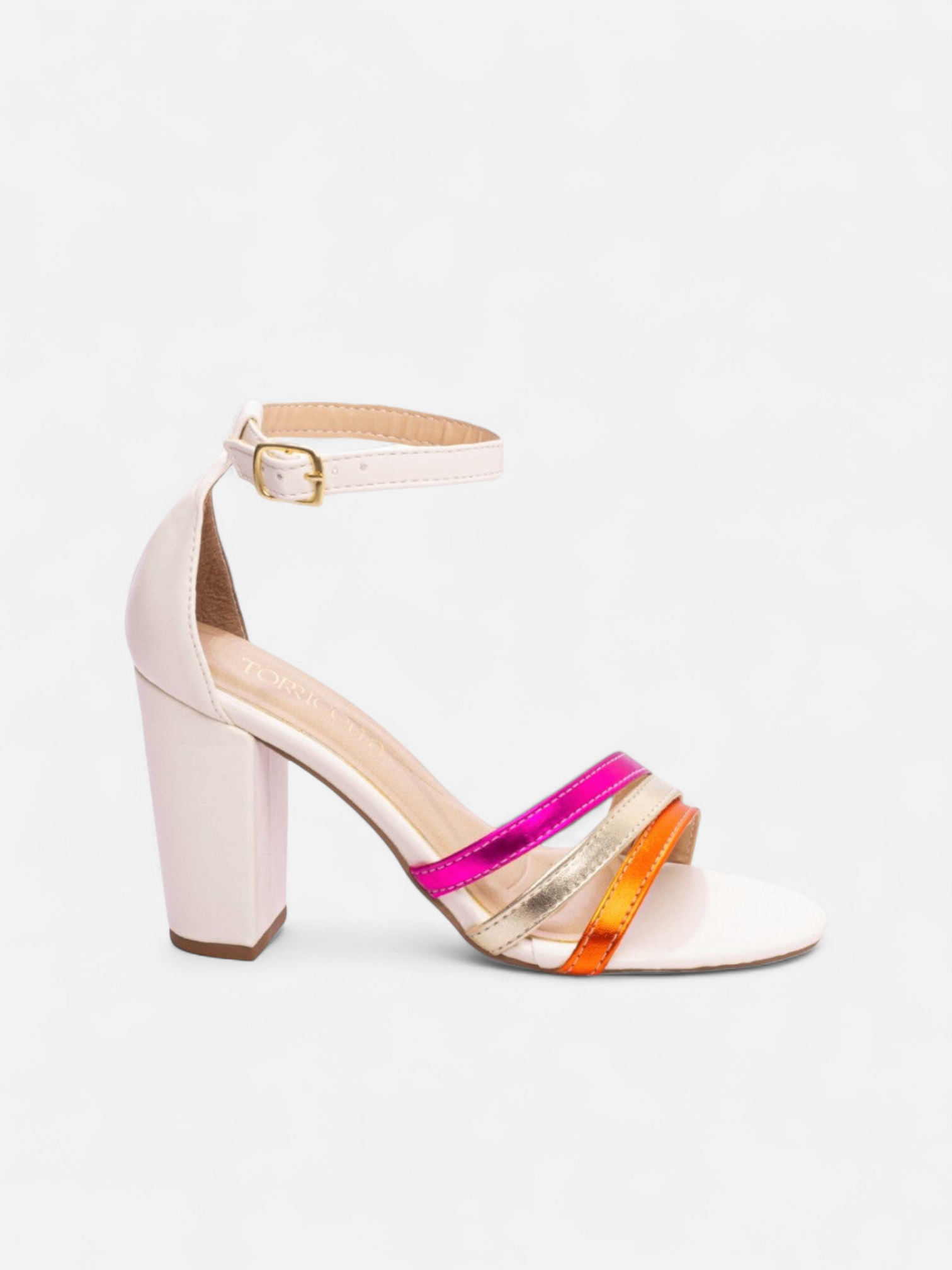 Sandália Salto Grosso Bloco Metalizado com Fivela Multicolorida Ajustável