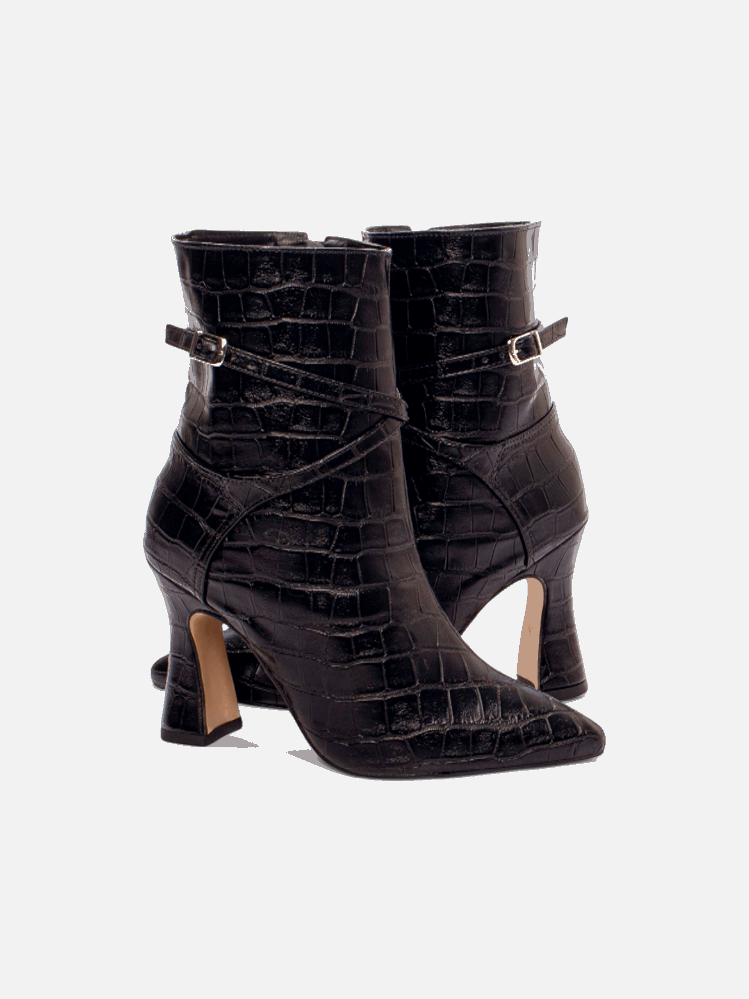 Bota Salto Grosso Cano Médio Bico Fino Croco Com Fivela