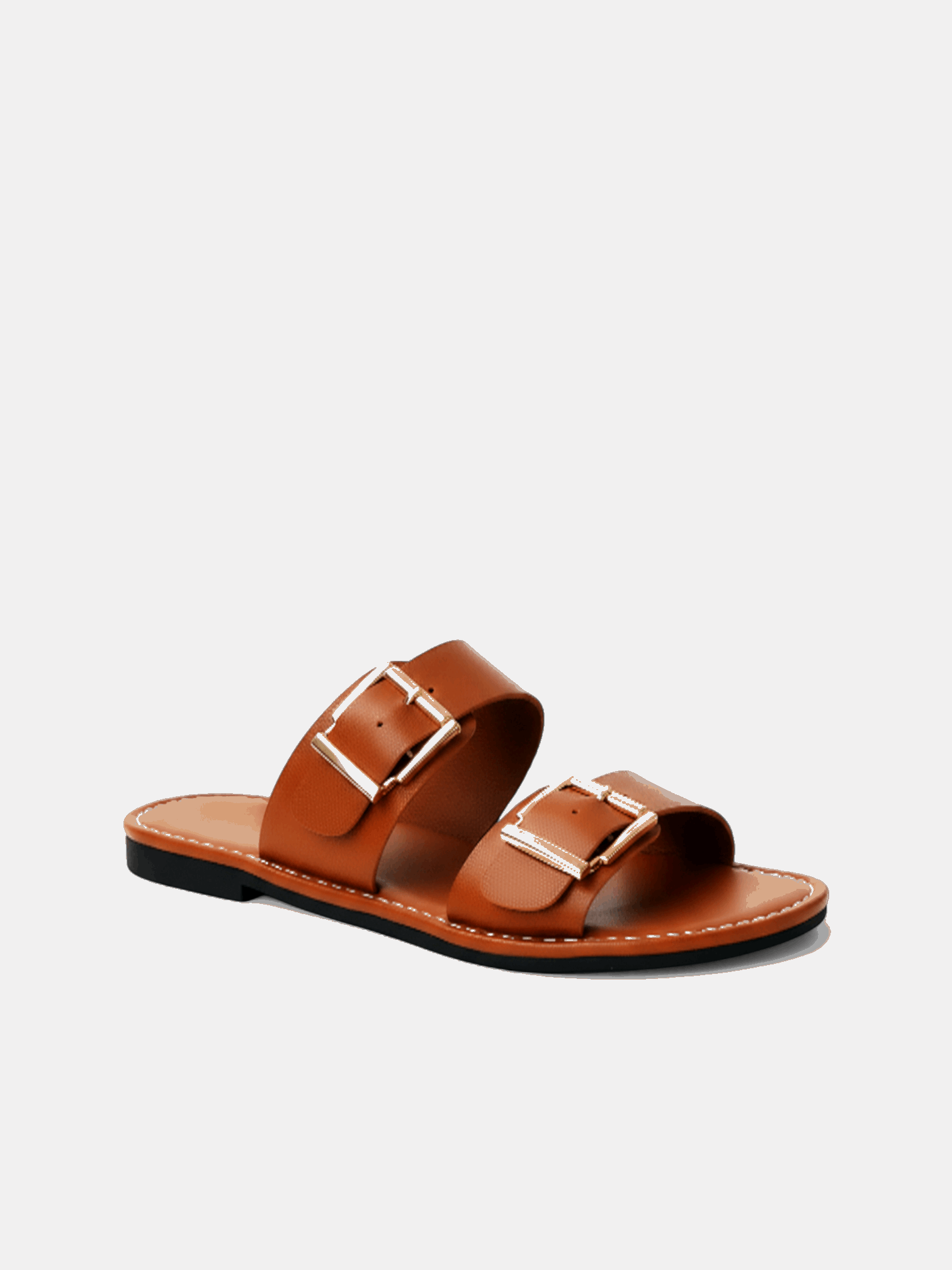 Sandália Rasteira Tiras Largas Fivelas Dupla Dourada