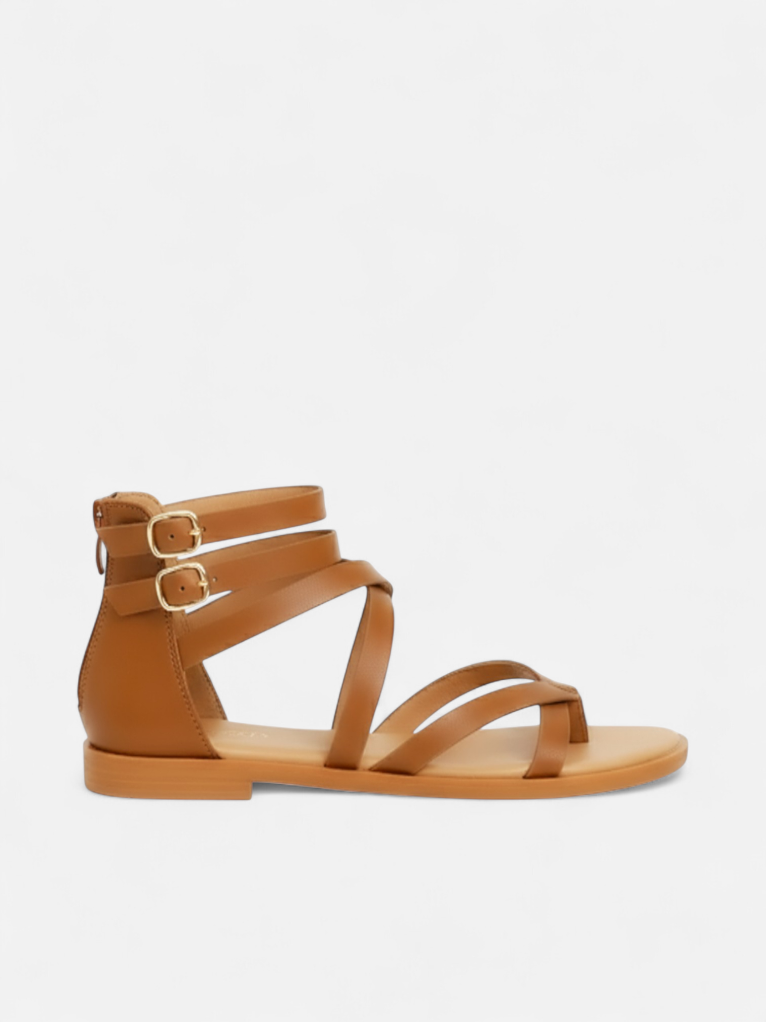 Sandália Rasteira Gladiadora Tiras Cruzadas Fivela Dupla Zíper