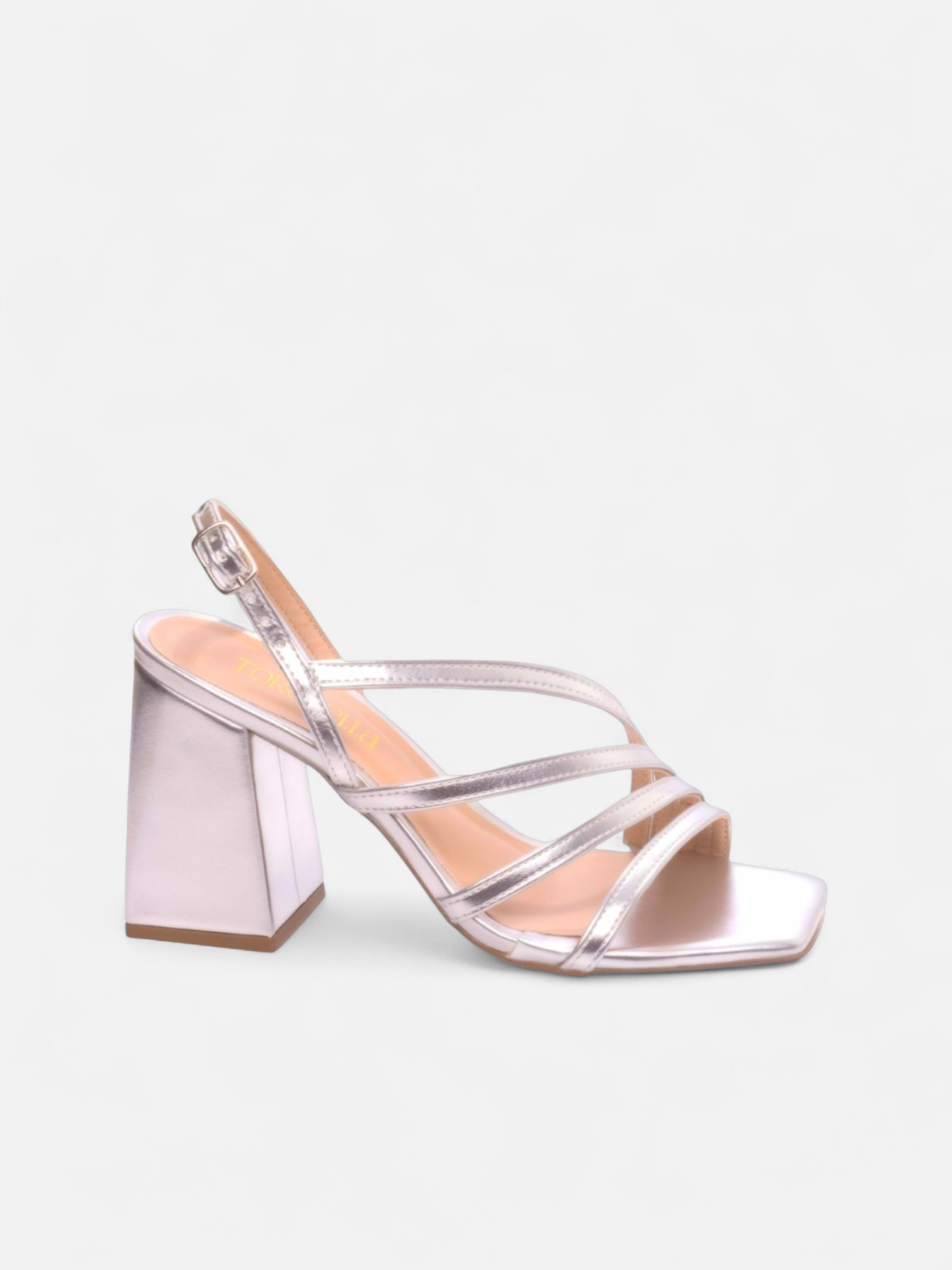 Sandália Salto Grosso Bloco com Tiras Finas Metalizado