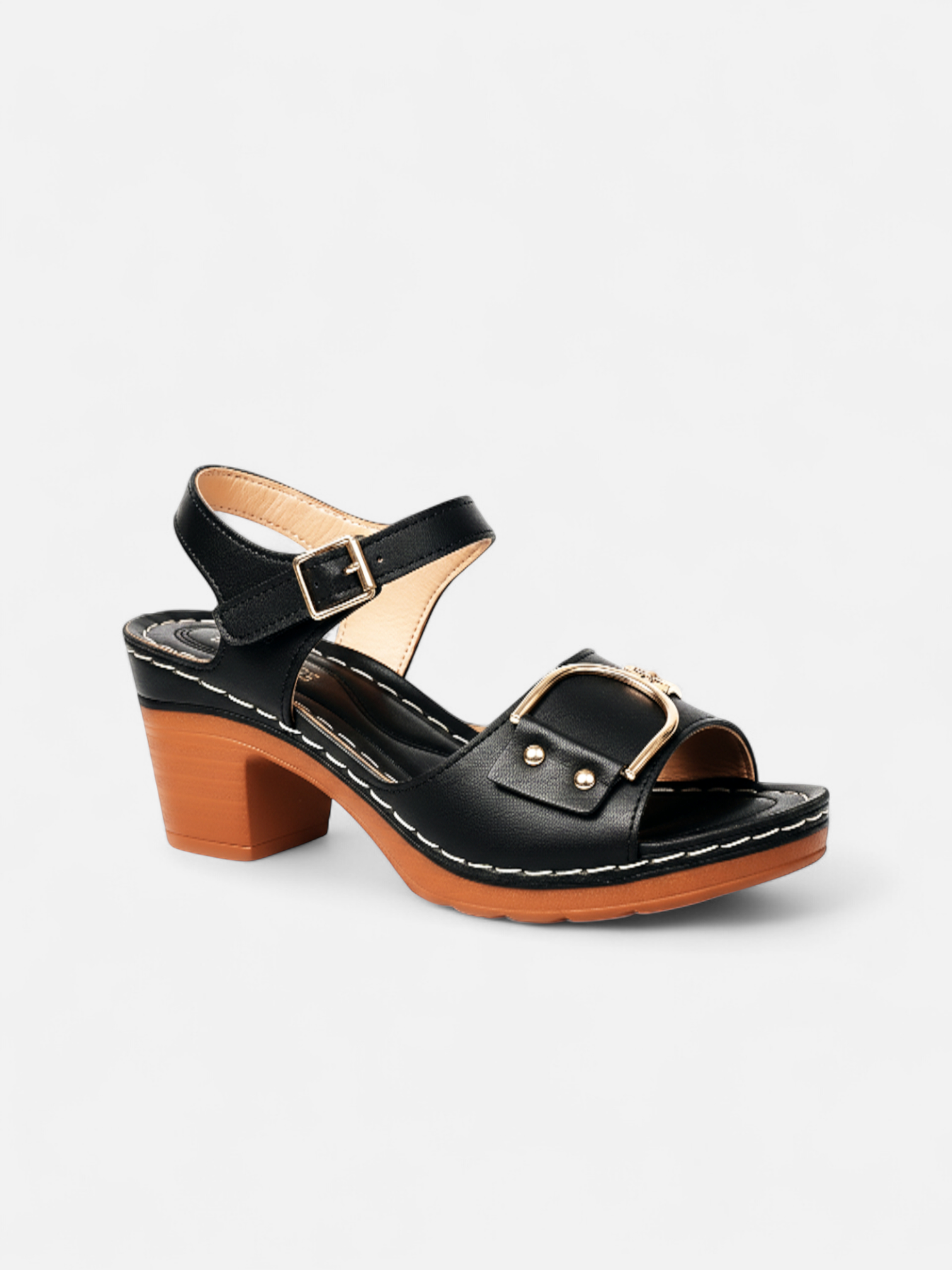 Sandália Salto Bloco Fivela Larga Pesponto Metal