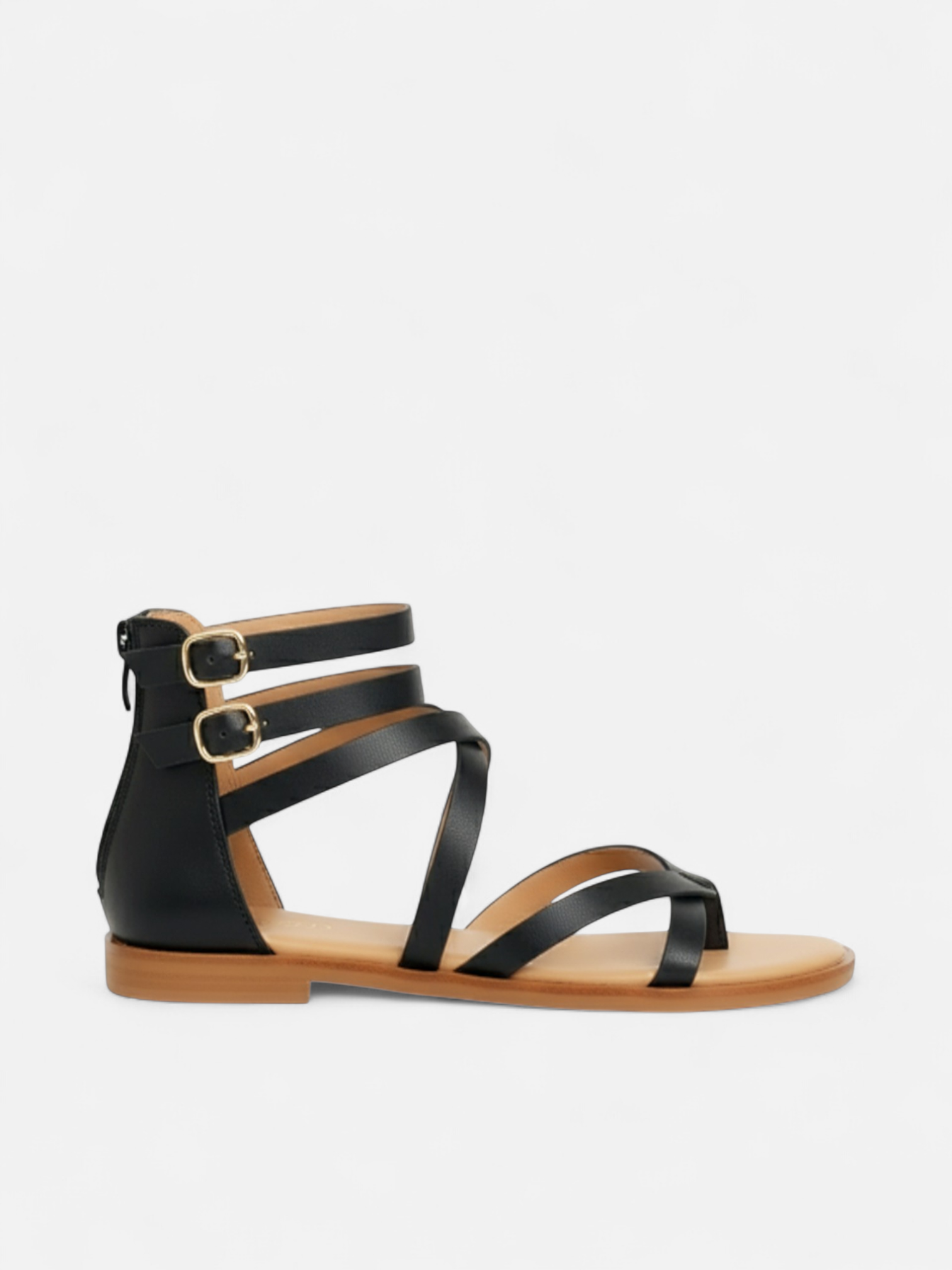 Sandália Rasteira Gladiadora Tiras Cruzadas Fivela Dupla Zíper