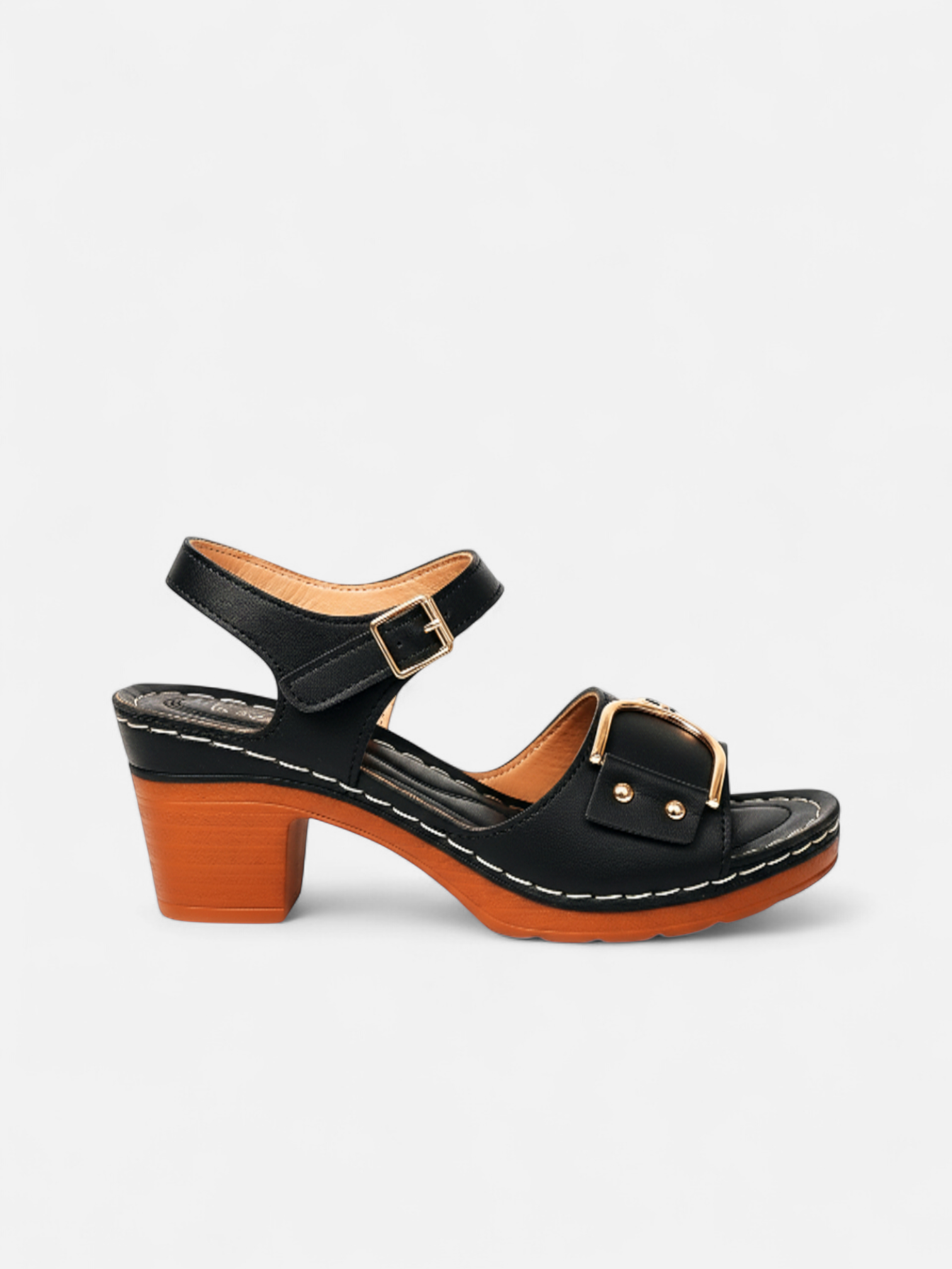 Sandália Salto Bloco Fivela Larga Pesponto Metal