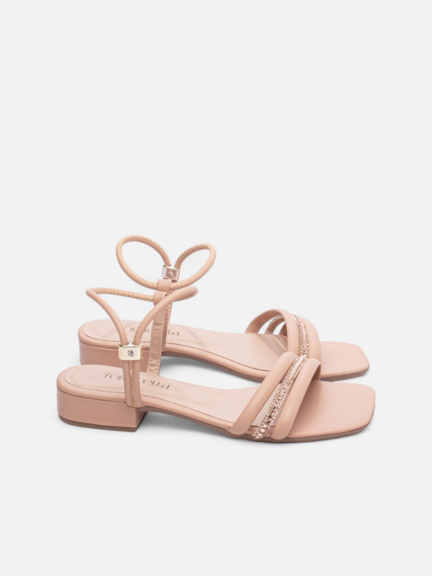 Sandália Salto Baixo Napa Tiras Finas com Strass Grafite