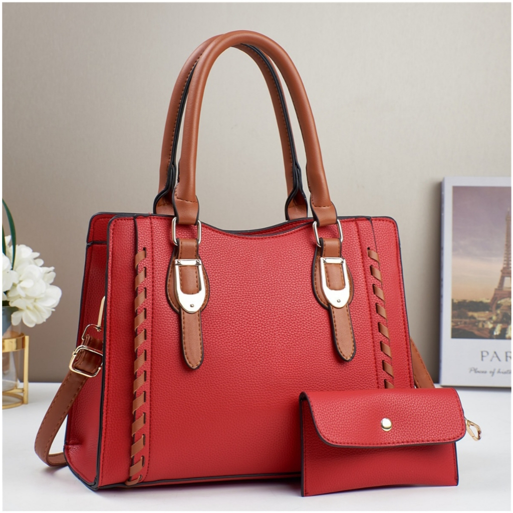 Bolsa feminina prática de grande capacidade com alcas destacaveis e ajustaveis incluindo uma carteira de fecho de botao