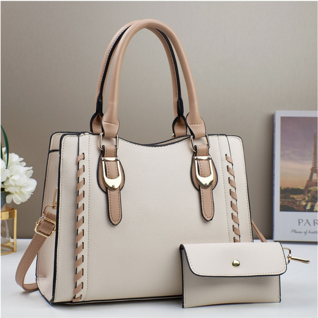 Bolsa feminina prática de grande capacidade com alcas destacaveis e ajustaveis incluindo uma carteira de fecho de botao