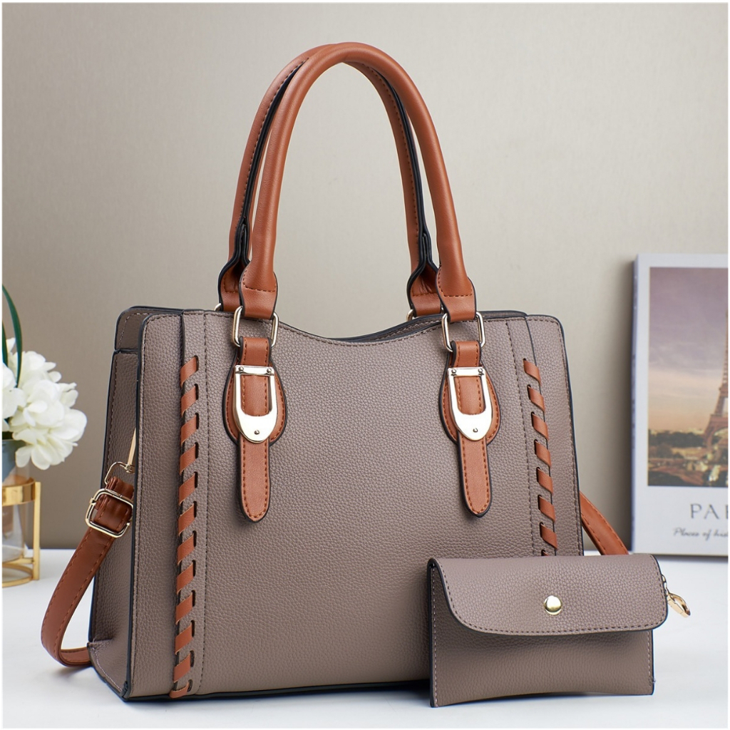 Bolsa feminina prática de grande capacidade com alcas destacaveis e ajustaveis incluindo uma carteira de fecho de botao