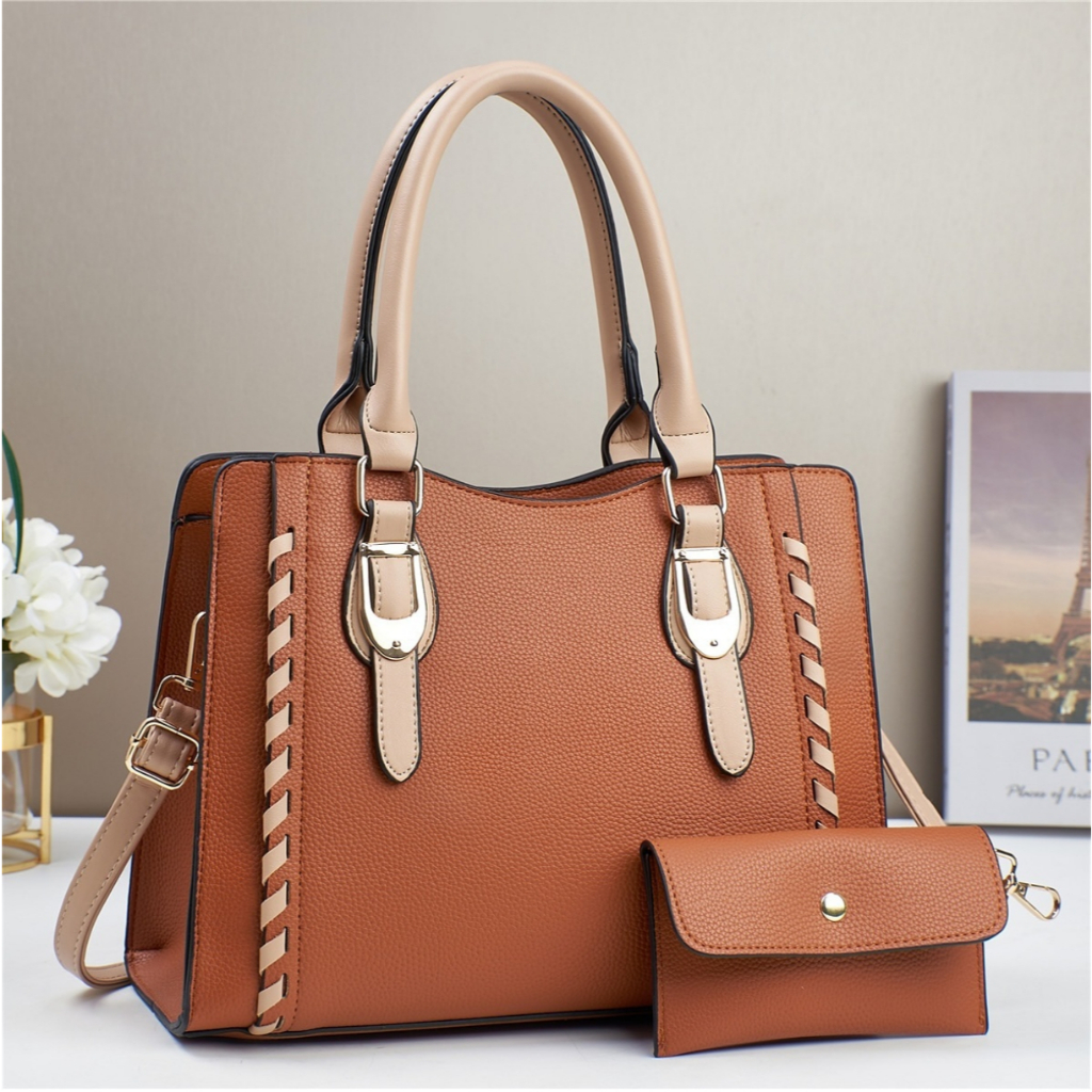 Bolsa feminina prática de grande capacidade com alcas destacaveis e ajustaveis incluindo uma carteira de fecho de botao