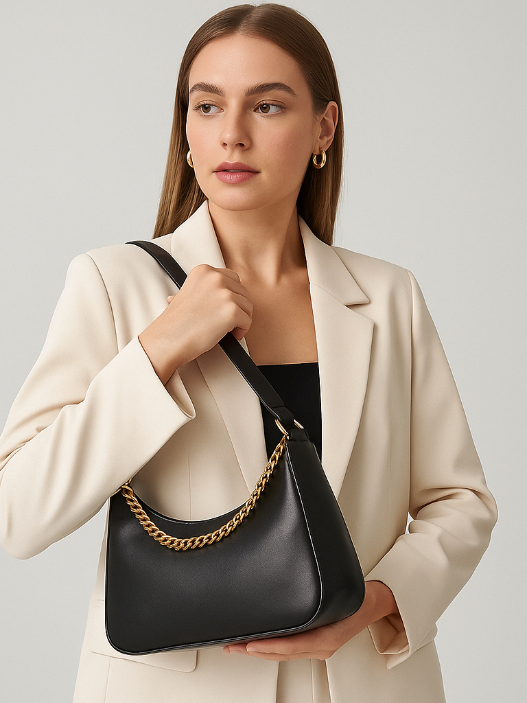 Bolsa Feminina Pequena Baguete Tiracolo De Ombro Corrente Dourada