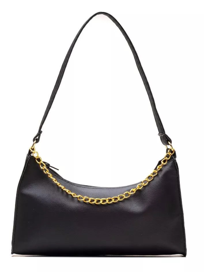 Bolsa Feminina Pequena Baguete Tiracolo De Ombro Corrente Dourada