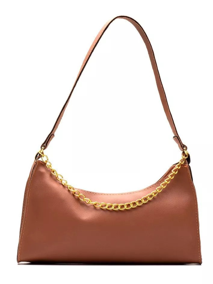 Bolsa Feminina Pequena Baguete Tiracolo De Ombro Corrente Dourada