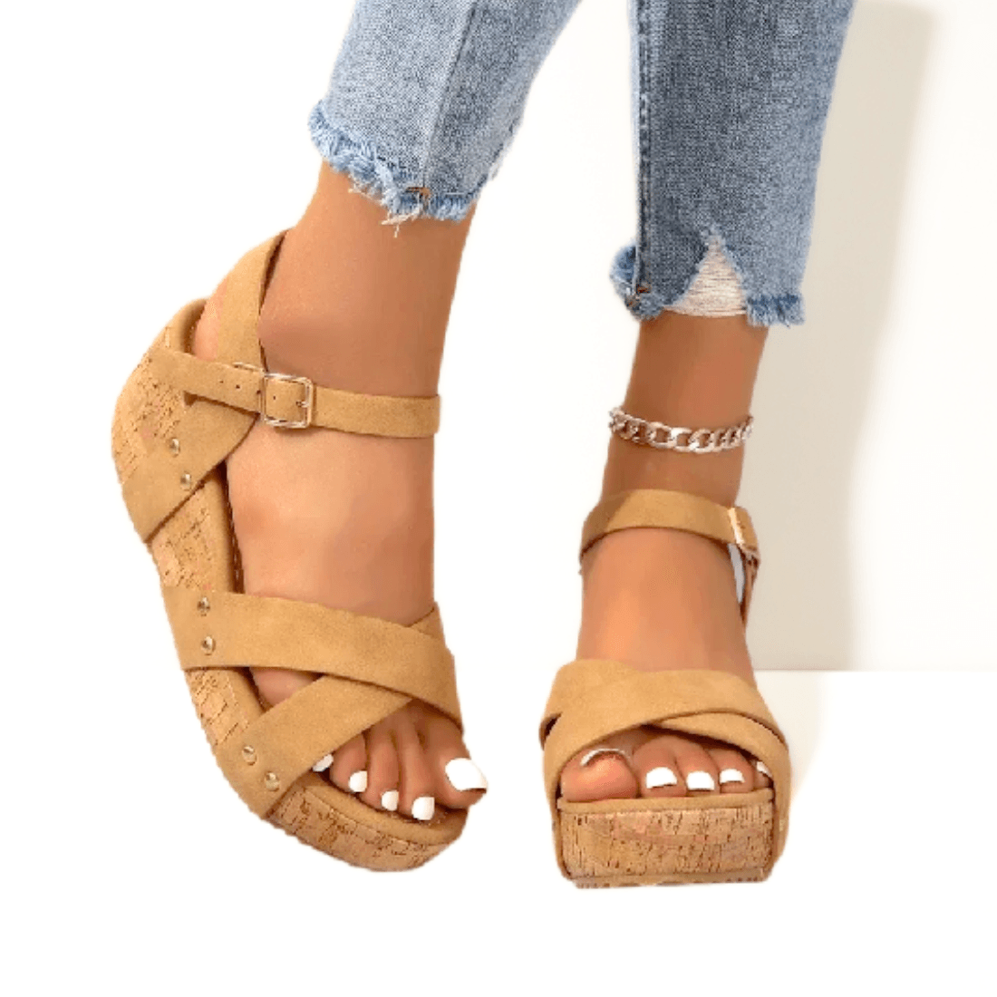 Sandália Anabela Salto Leve Estilo Romano Fivela Casual Verão 2025 Calçados Femininos - #carminito#