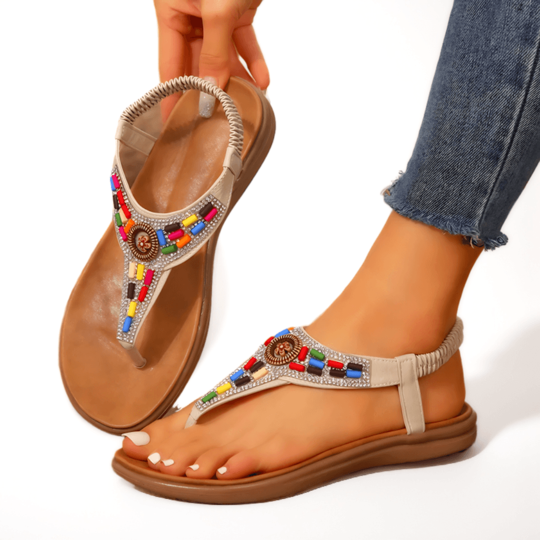 Sandália Rasteira Boho Gladiadora com Cristais Moda Verão outono - #carminito#