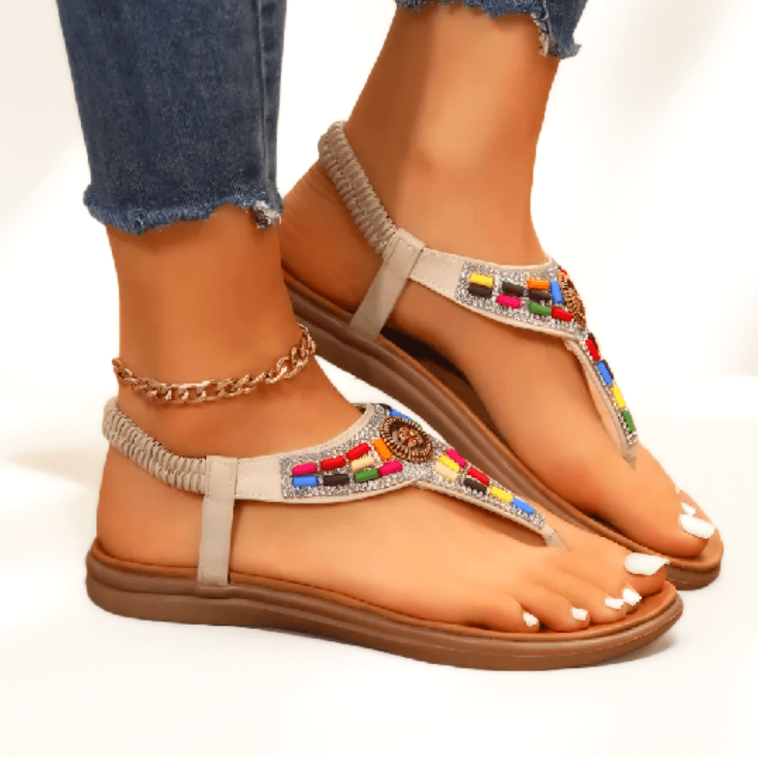 Sandália Rasteira Boho Gladiadora com Cristais Moda Verão outono - #carminito#