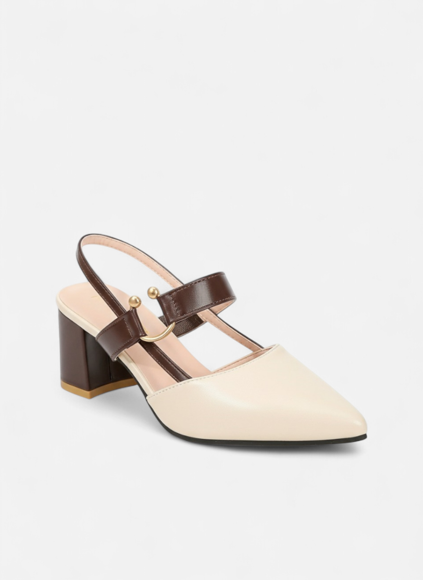 Scarpin Slingback Bico Fino Salto Bloco Tira Couro Metal