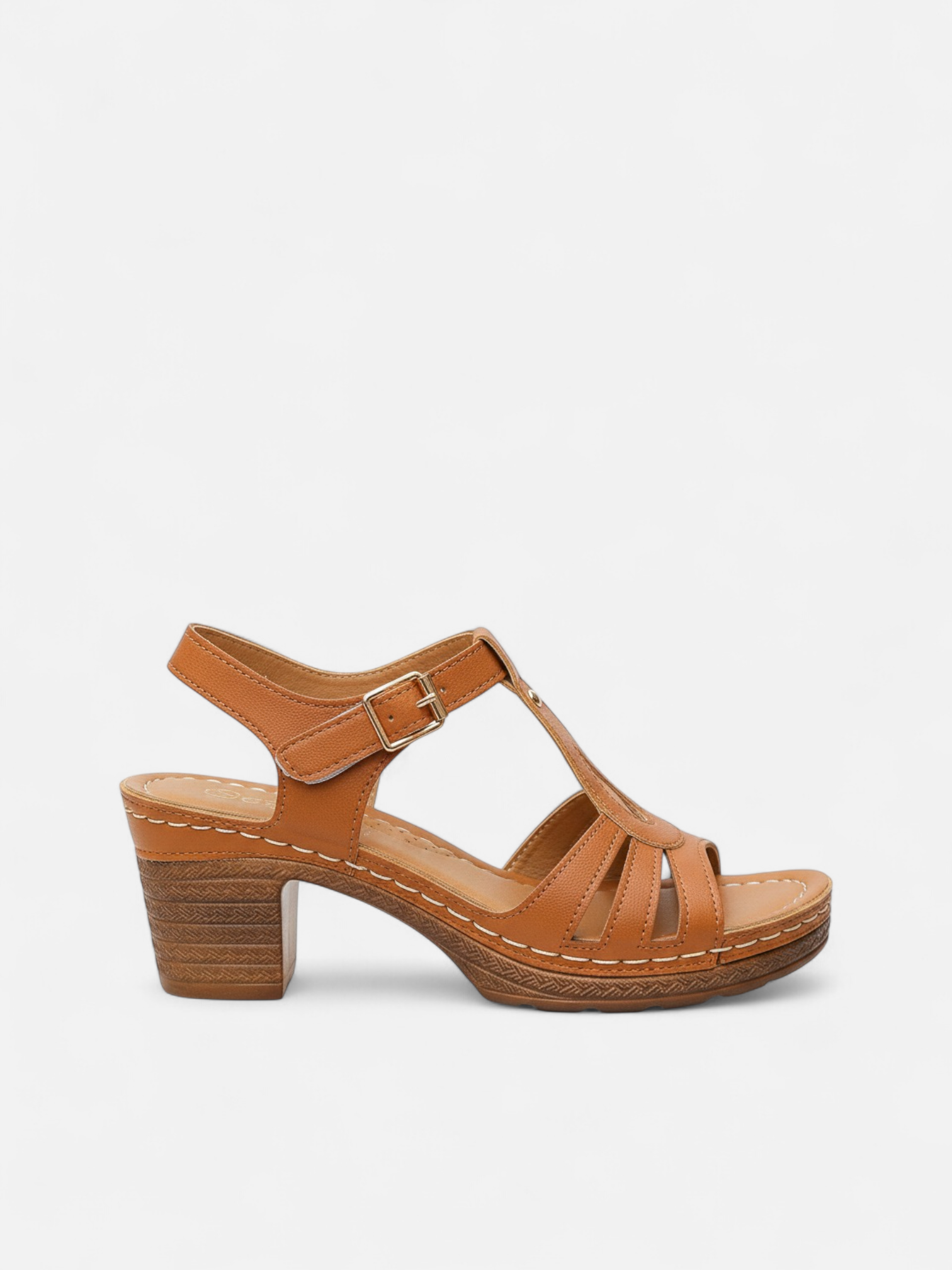 Sandália Salto Bloco T-Strap Fivela Couro