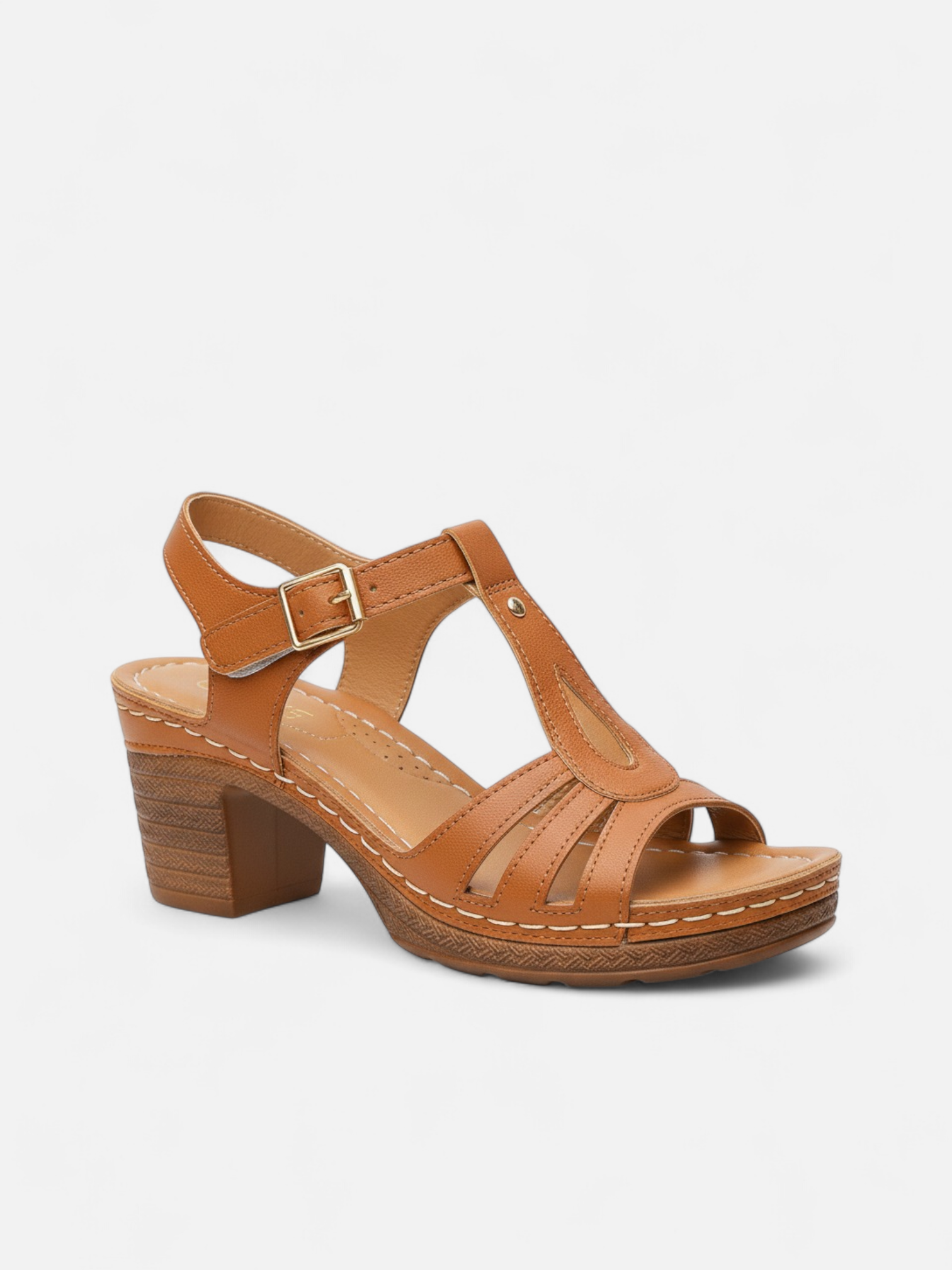 Sandália Salto Bloco T-Strap Fivela Couro