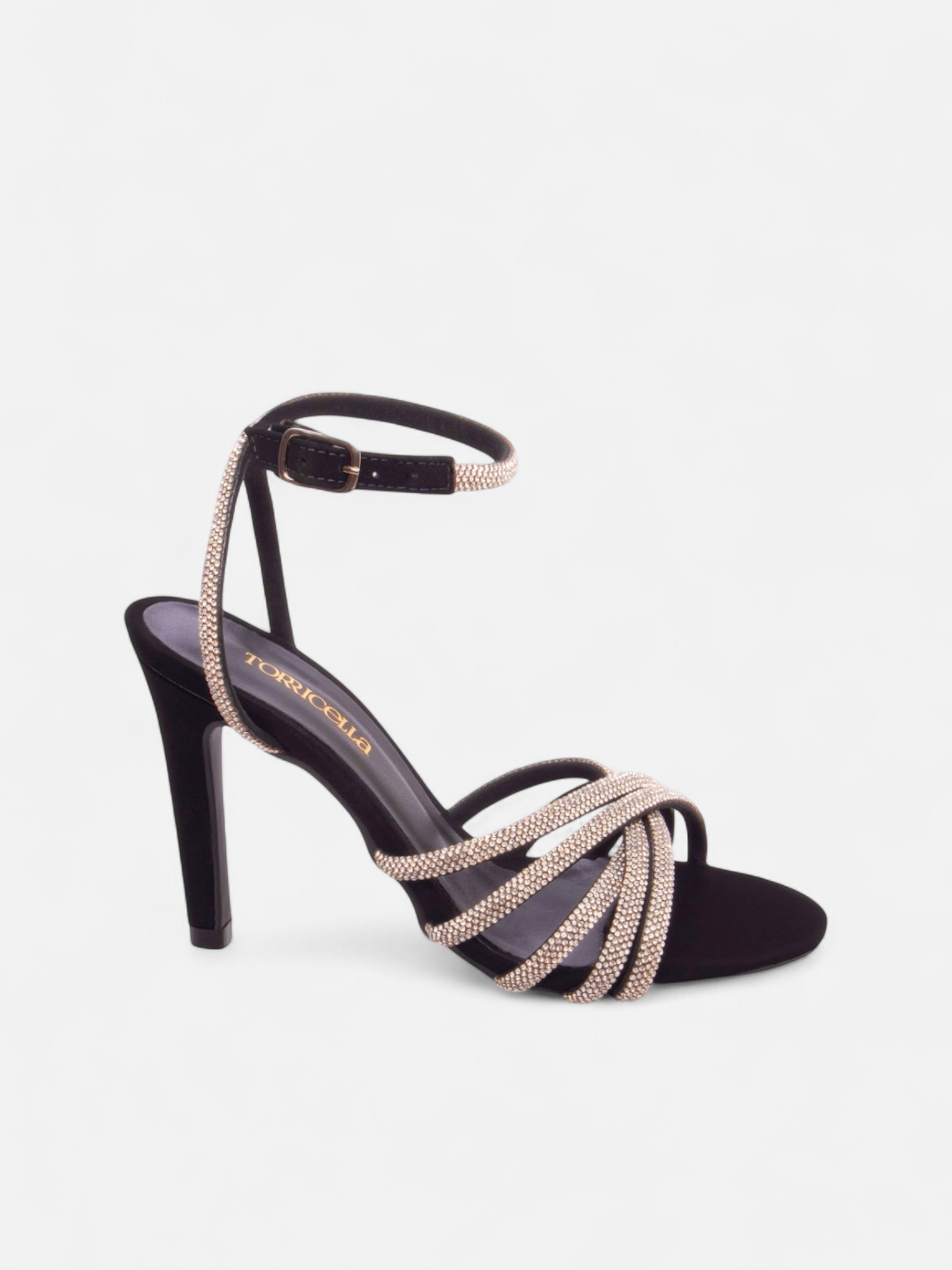 Sandália Salto Alto Nobuck Preto com Strass Prata e Fivela Ajustável